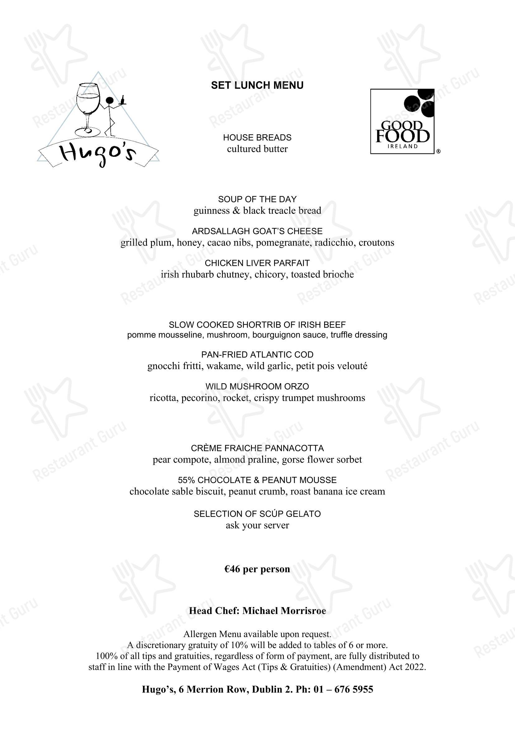 菜单 ресторана Hugo's Restaurant