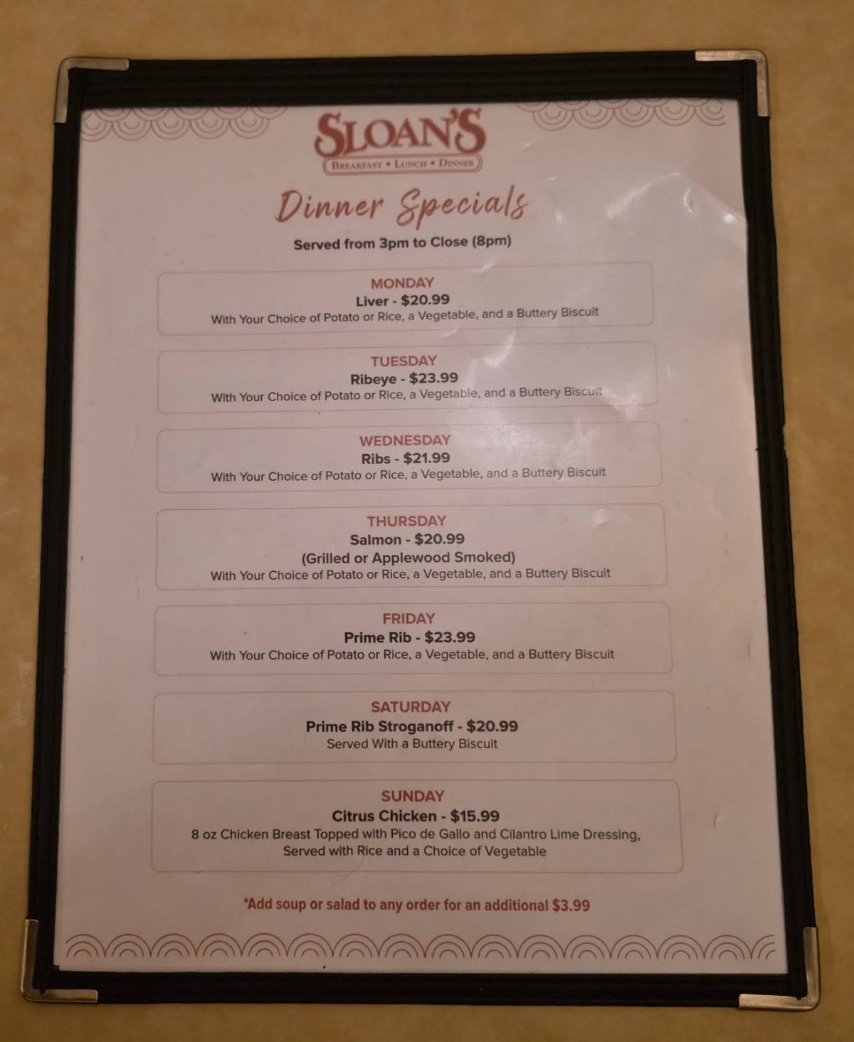 Sloan's меню