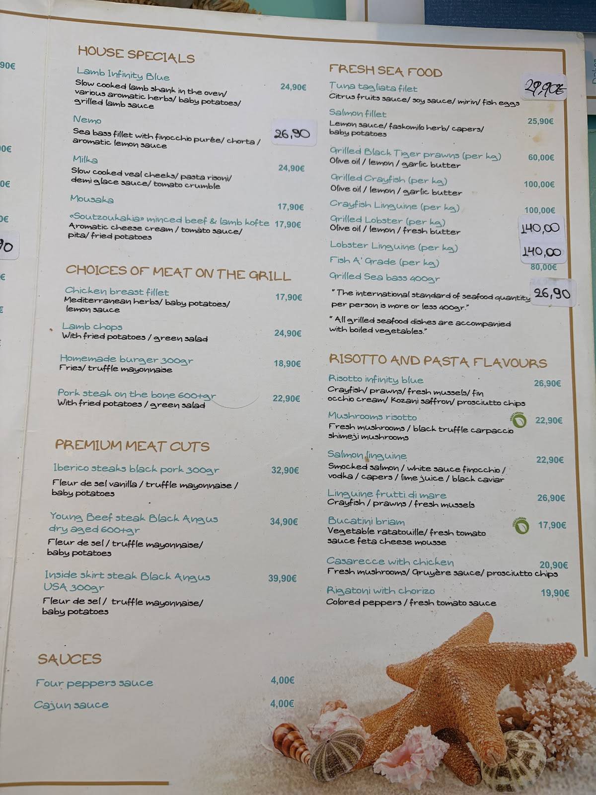 Infinity Blue Restaurant - Главная - Skíathos, Magnisia, Greece меню