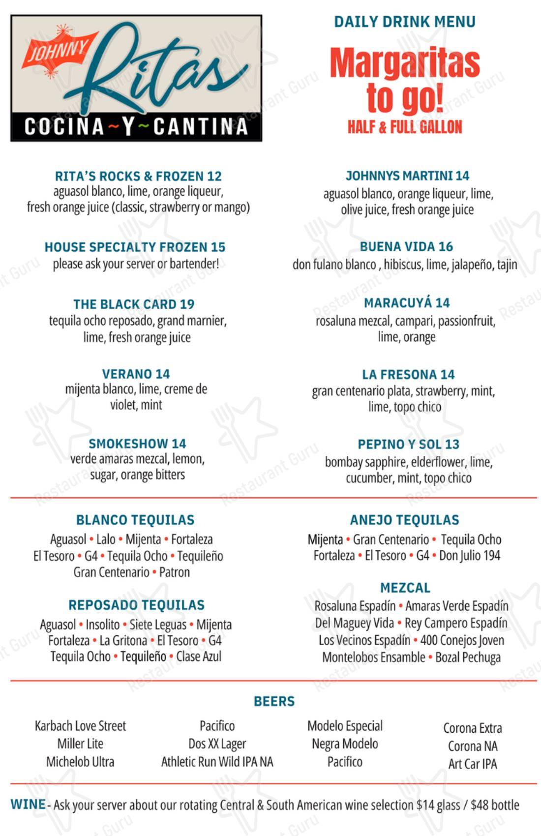 菜单 паба и бара Johnny Ritas Cocina y Cantina в Хьюстоне