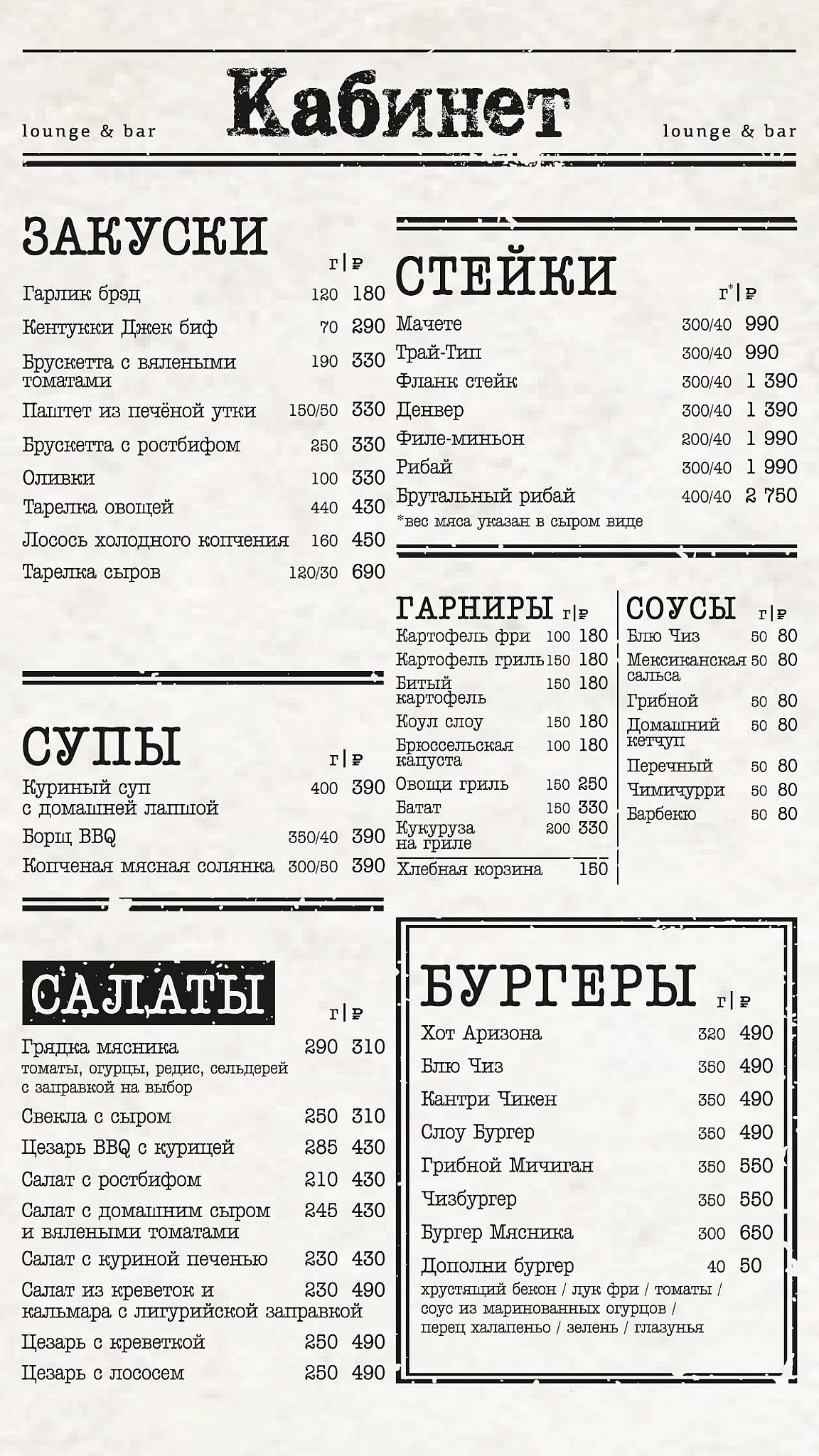 Кабинет меню