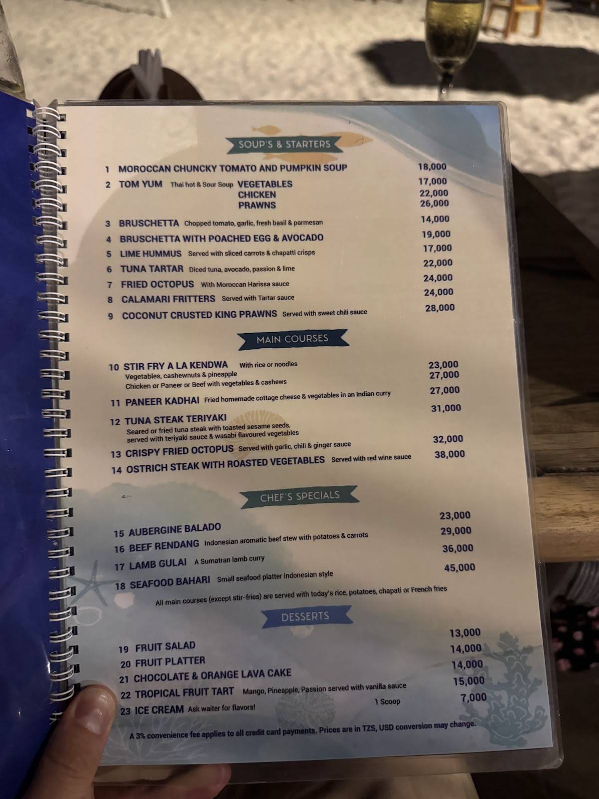 Kendwa Rocks Restaurant меню