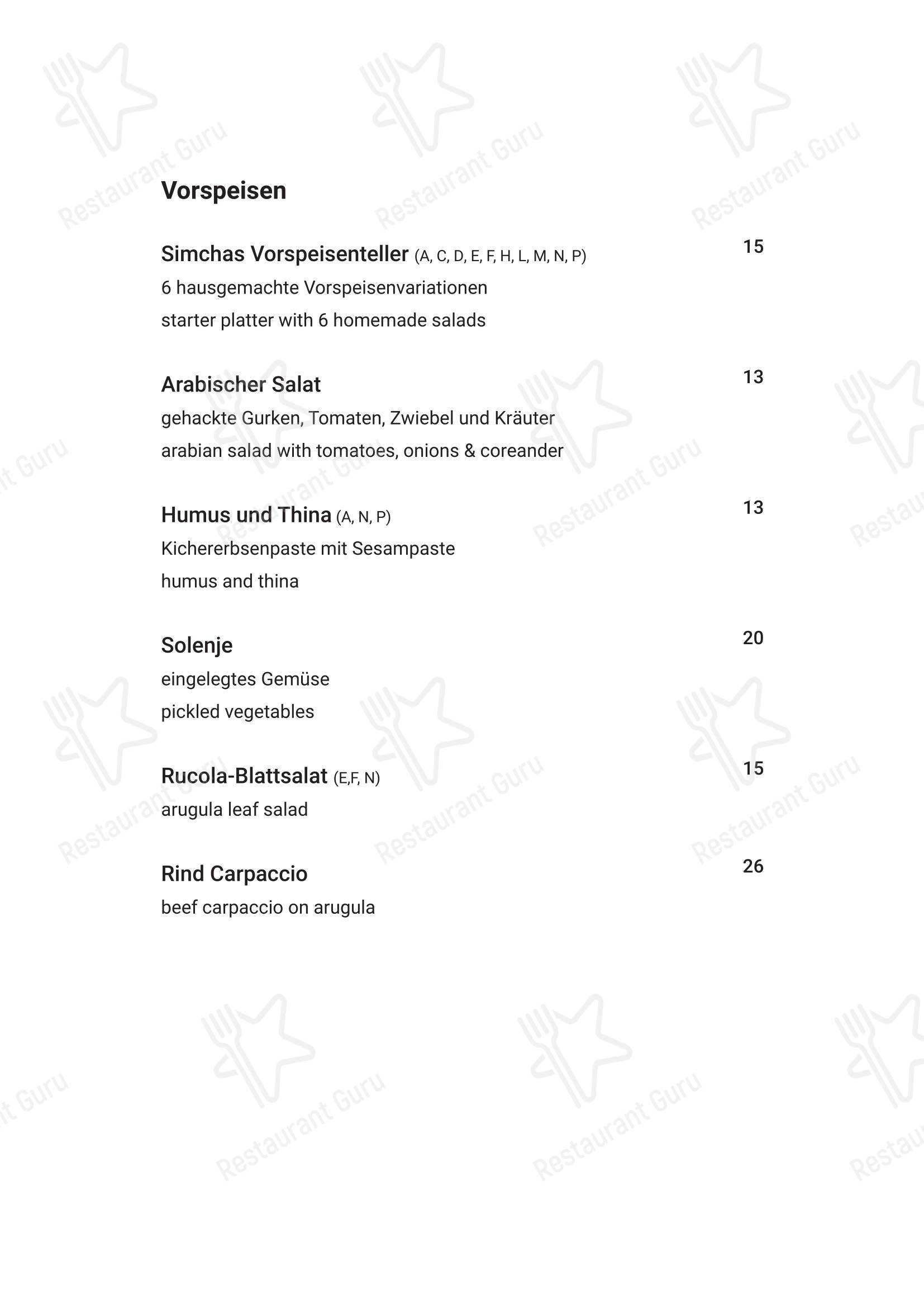 Kosher Restaurant SIMCHAS מסעדה כשרה в Вене - Меню