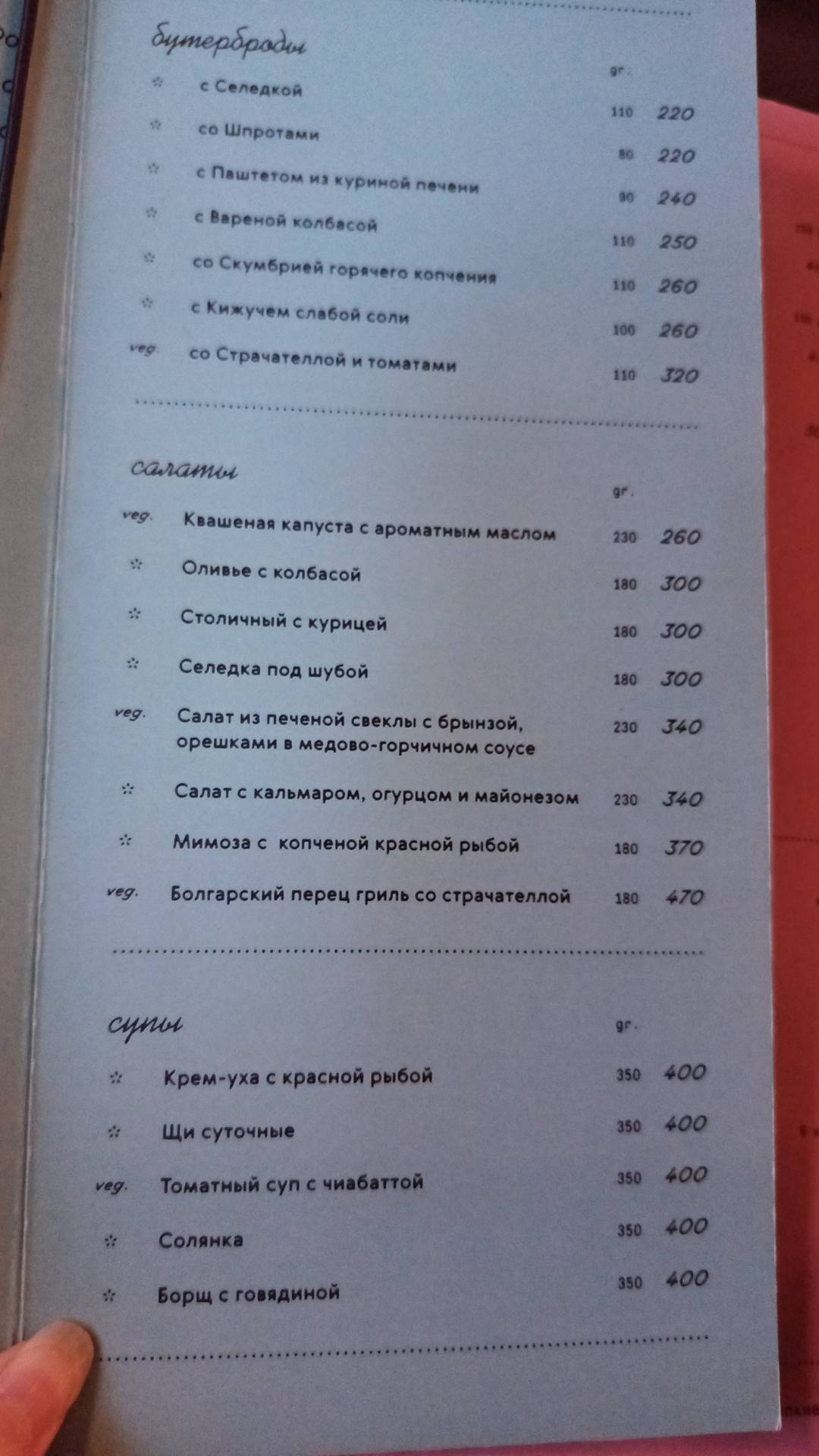Косуля меню