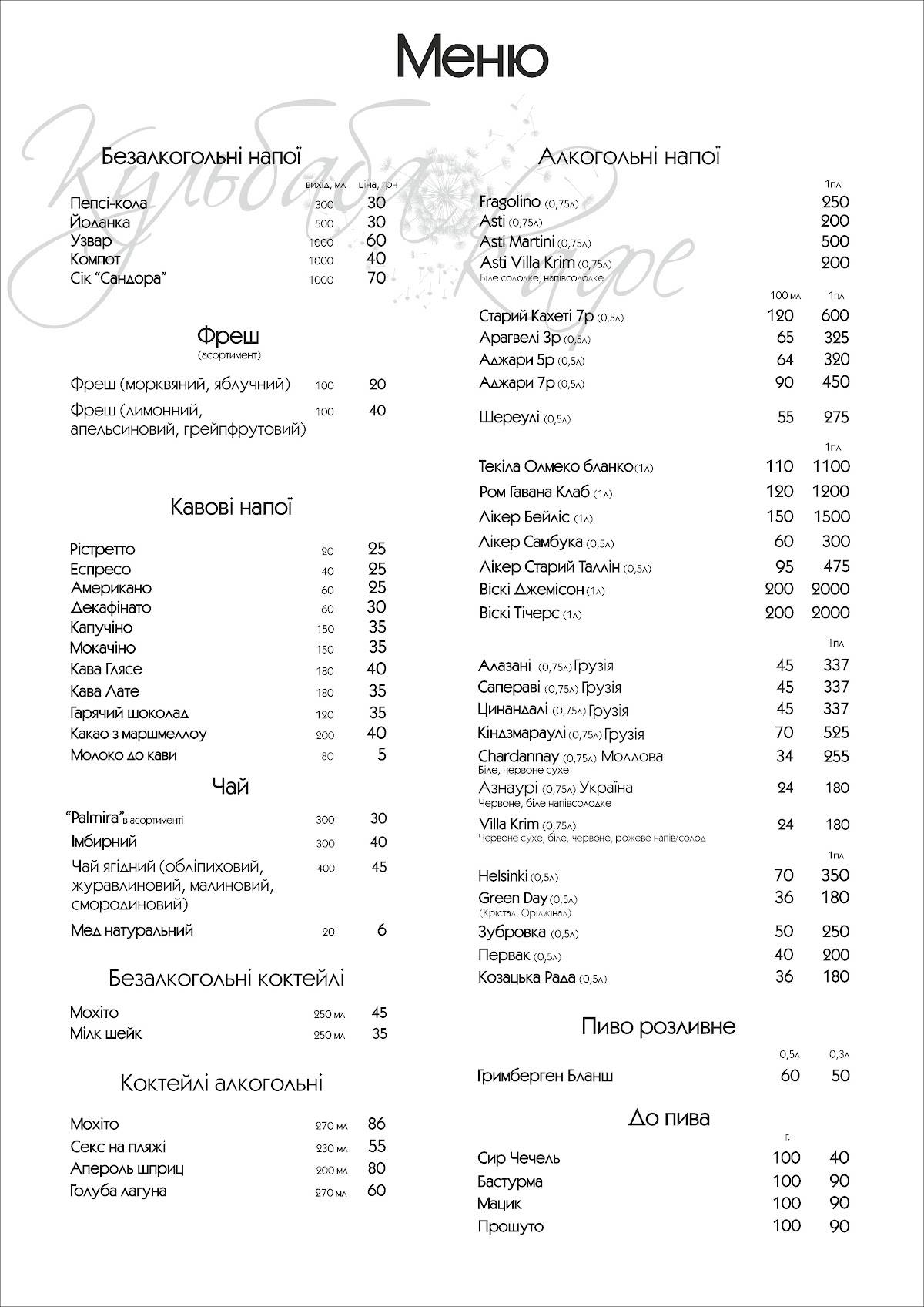 Кульбаба меню