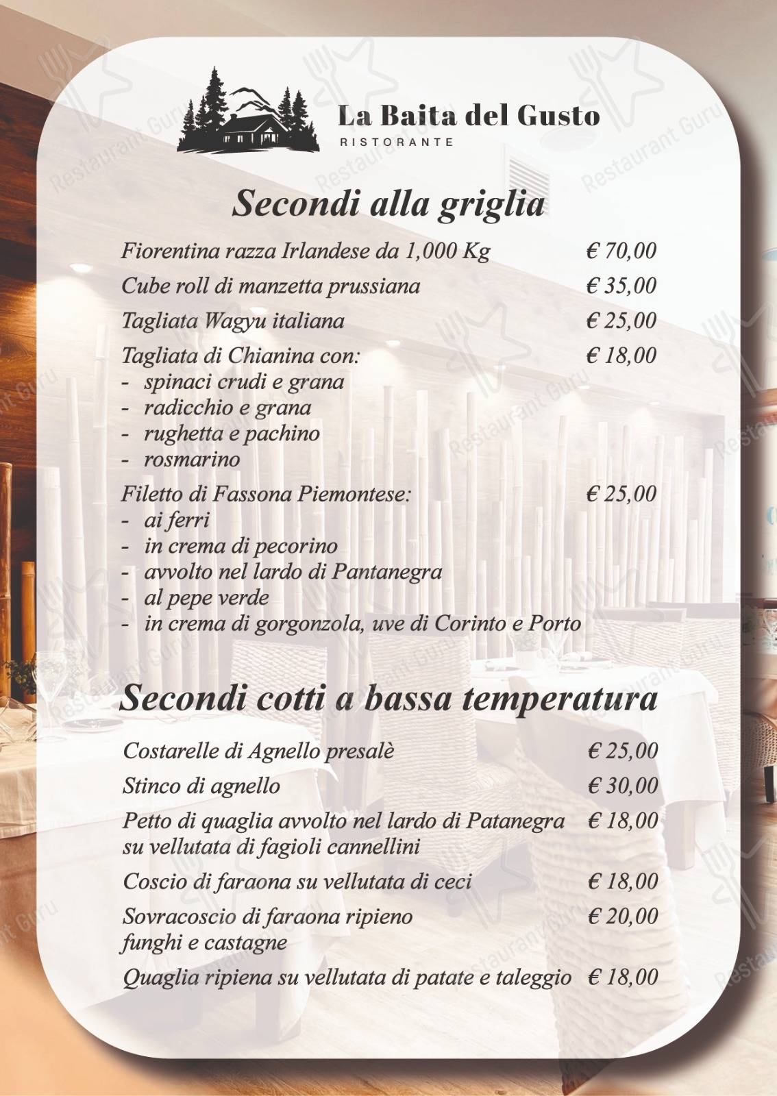 Меню LA BAITA DEL GUSTO RISTORANTE - блюда и напитки
