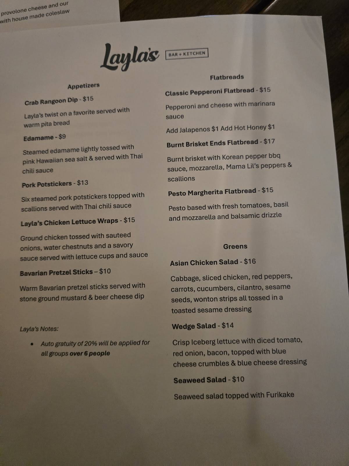 Layla's Bar + Kitchen меню