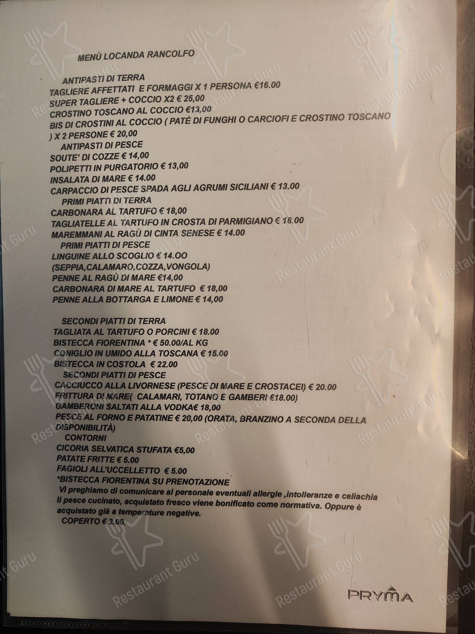 Меню Locanda Rancolfo - еда и напитки