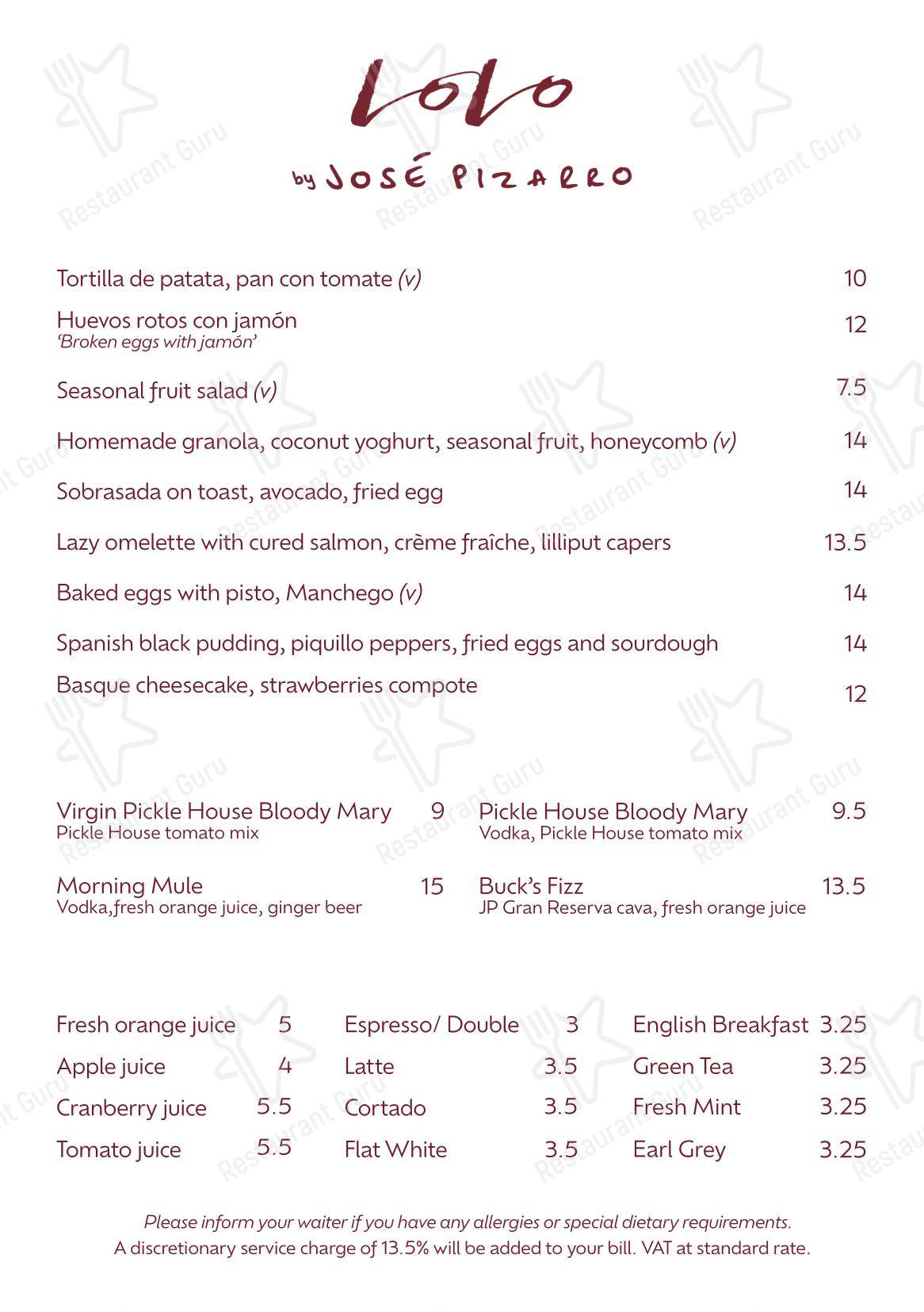 Menu bistro ресторана Lolo by José Pizarro