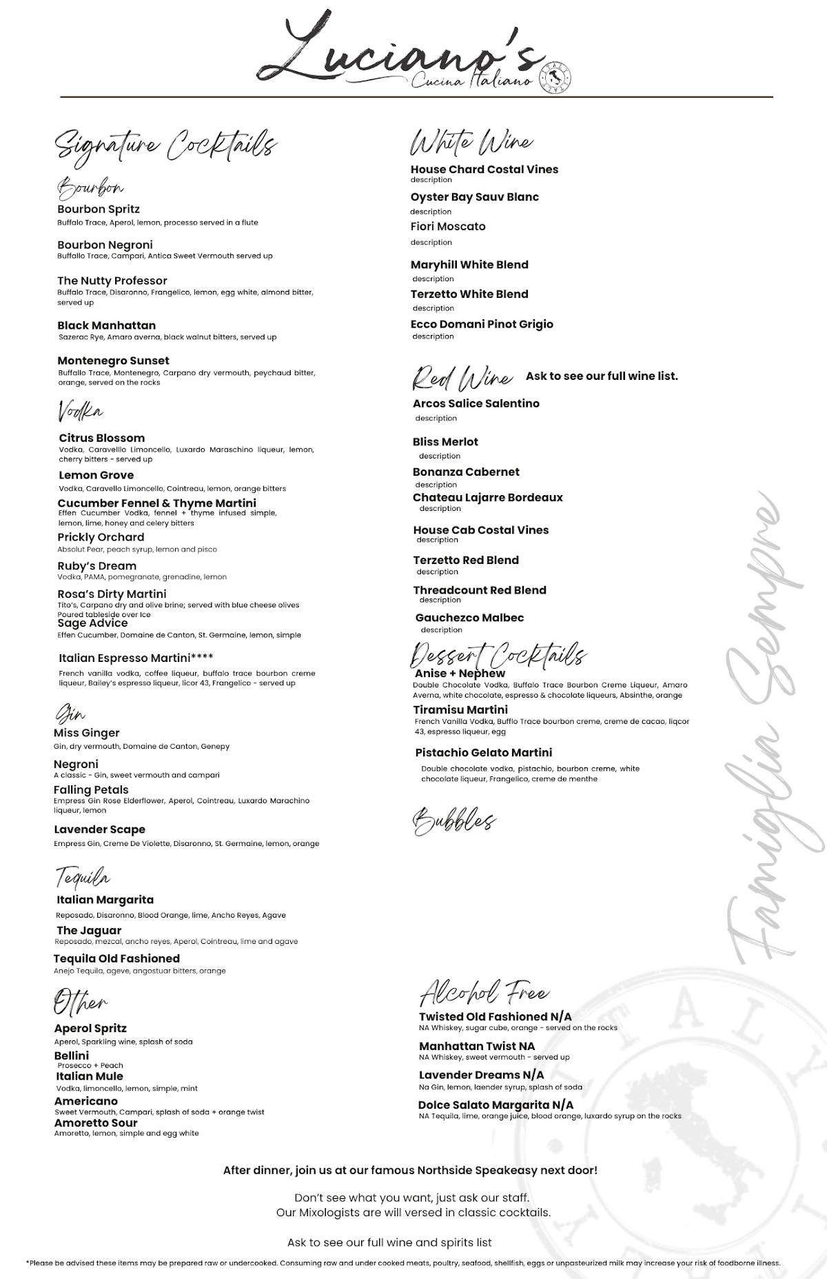 Luciano's Cucina Italiana меню