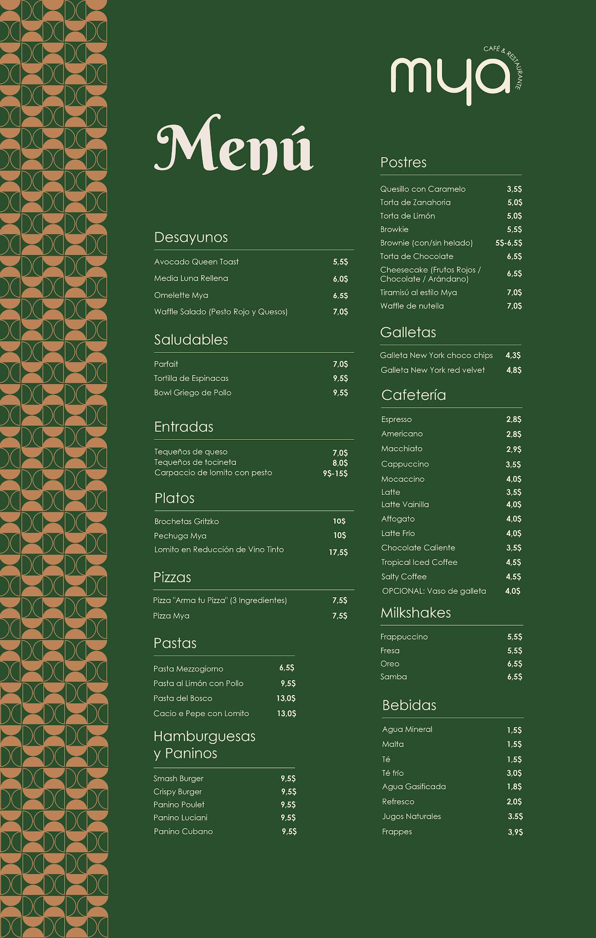 MYA Café y Restaurante меню