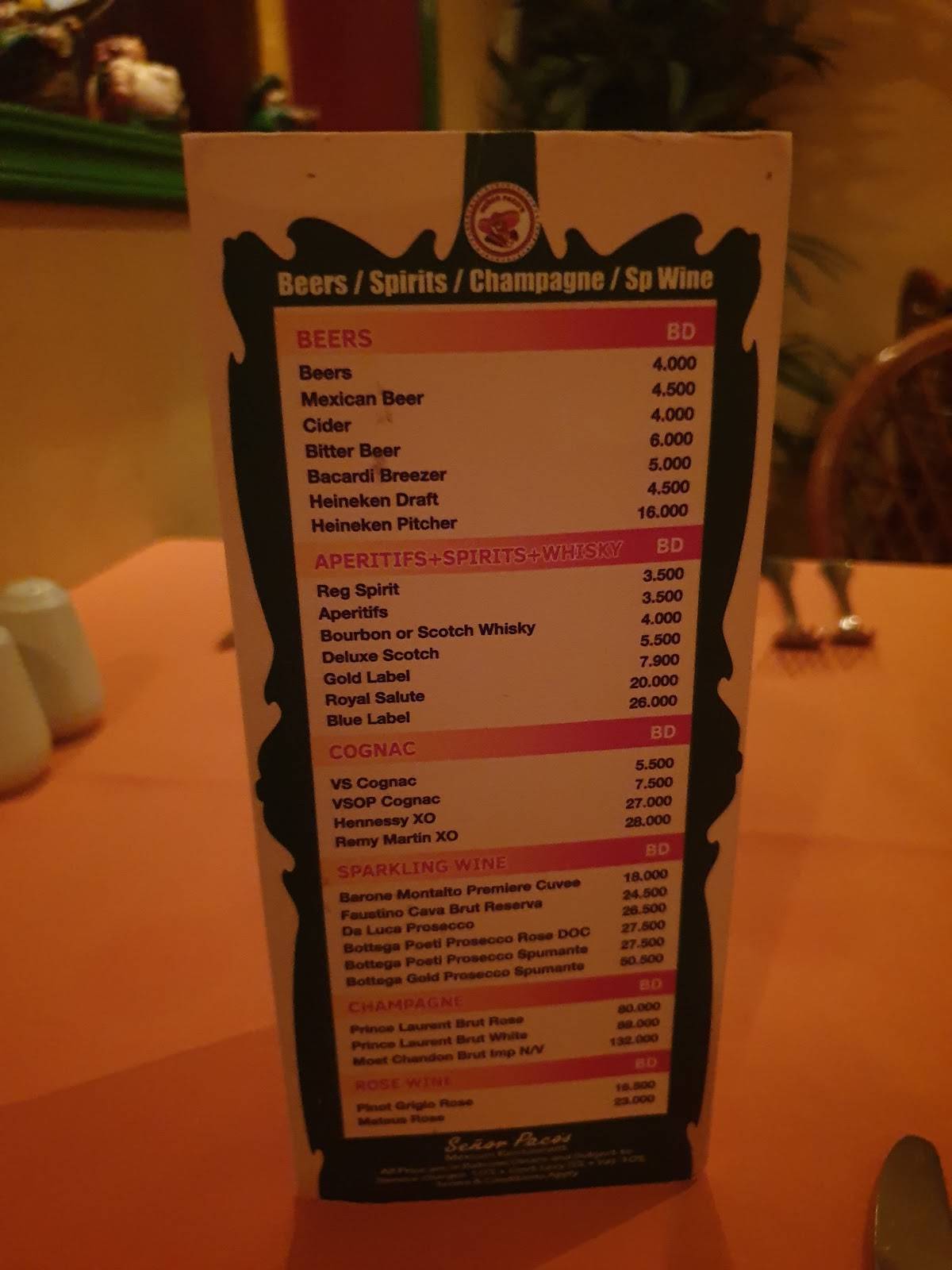 Señor Paco's меню