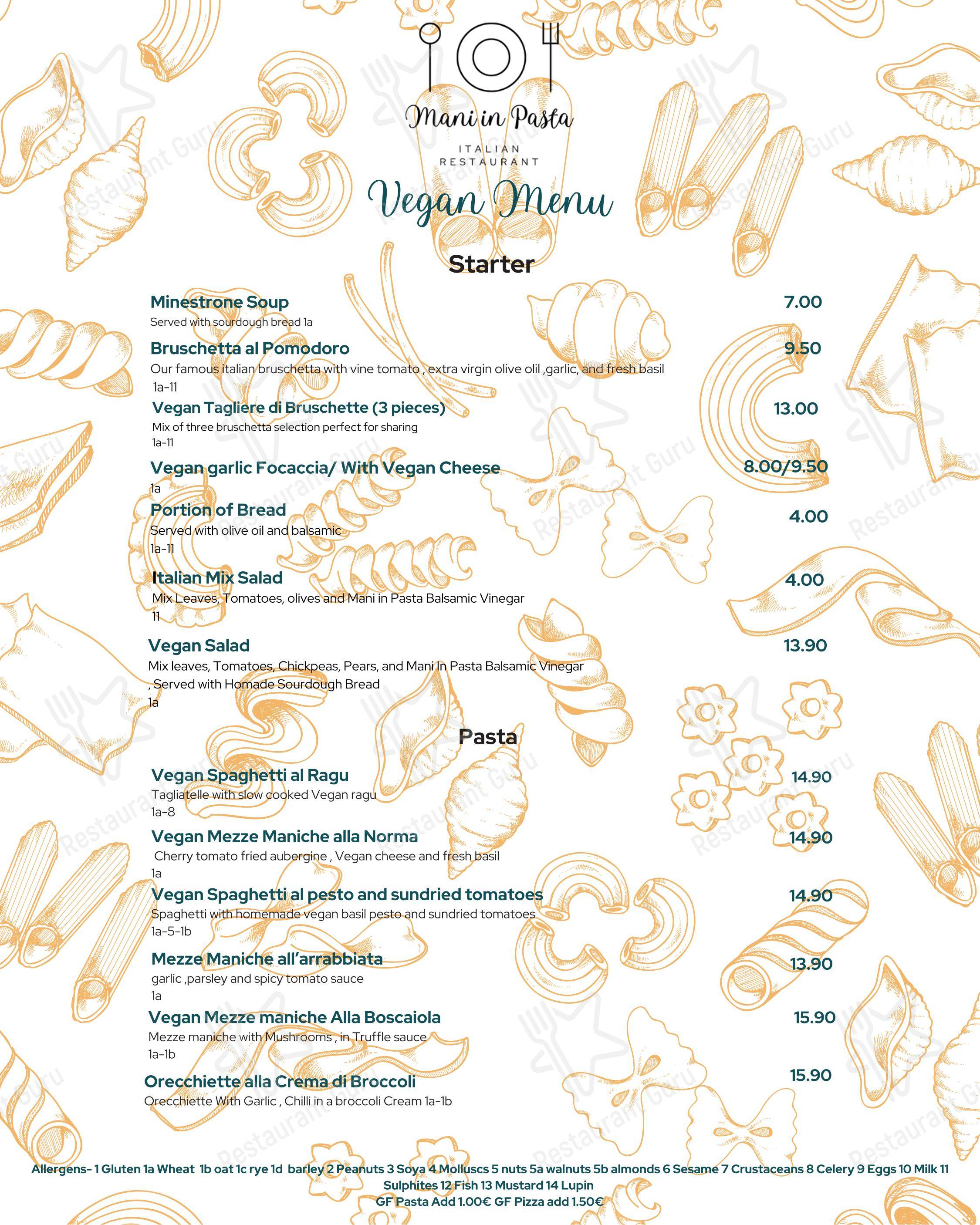 Меню ресторана Mani In Pasta Authentic Italian Restaurant Athy - 菜单
