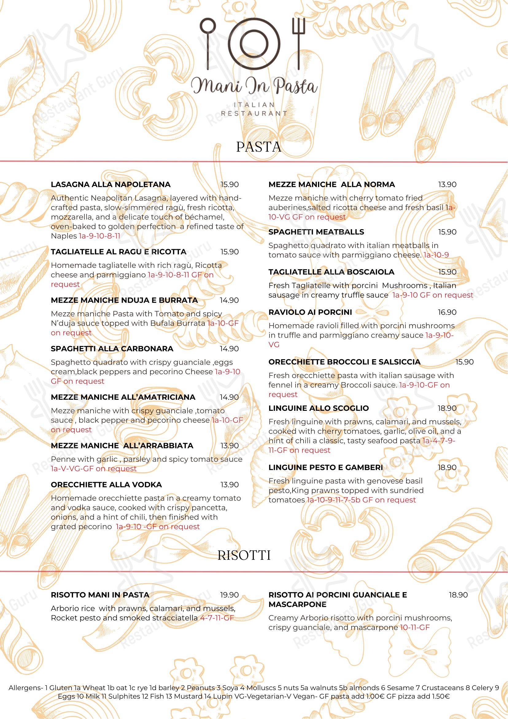 Mani In Pasta Authentic Italian Restaurant Athy в Атае - Меню