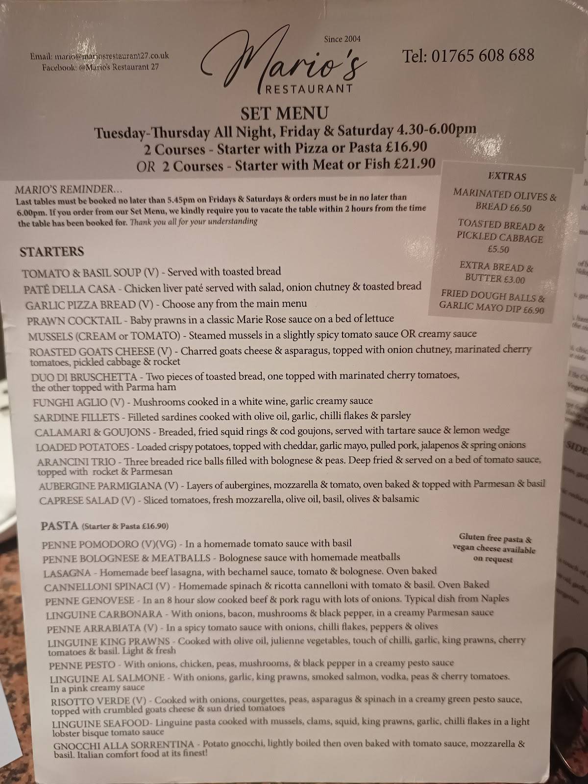 Mario's Restaurant Ripon меню