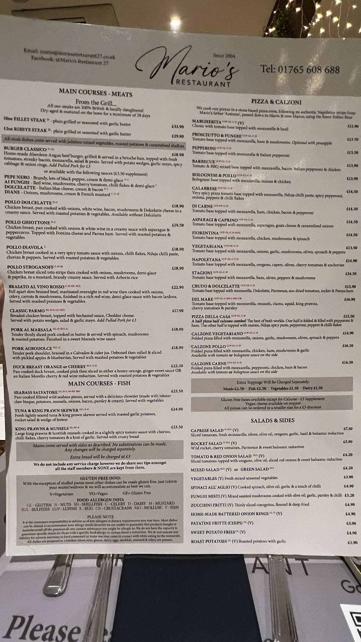 Mario's Restaurant Ripon меню