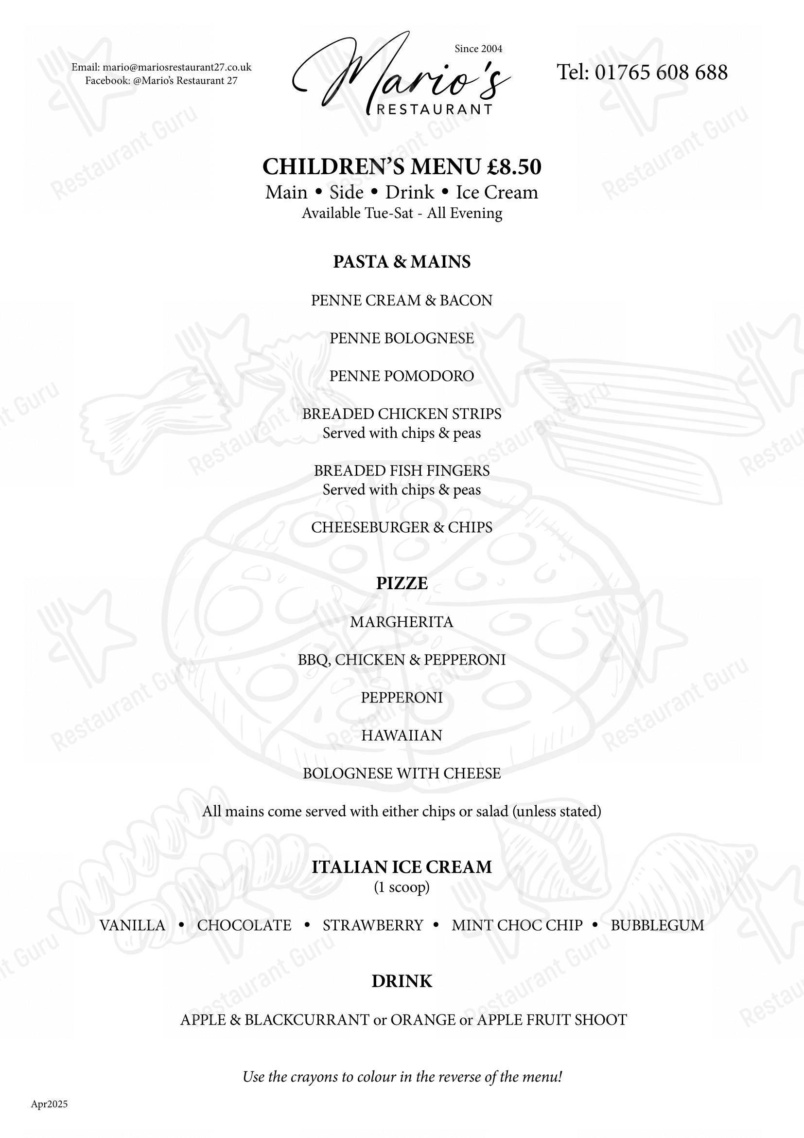 Lunch Menu ресторана Mario's Restaurant Ripon