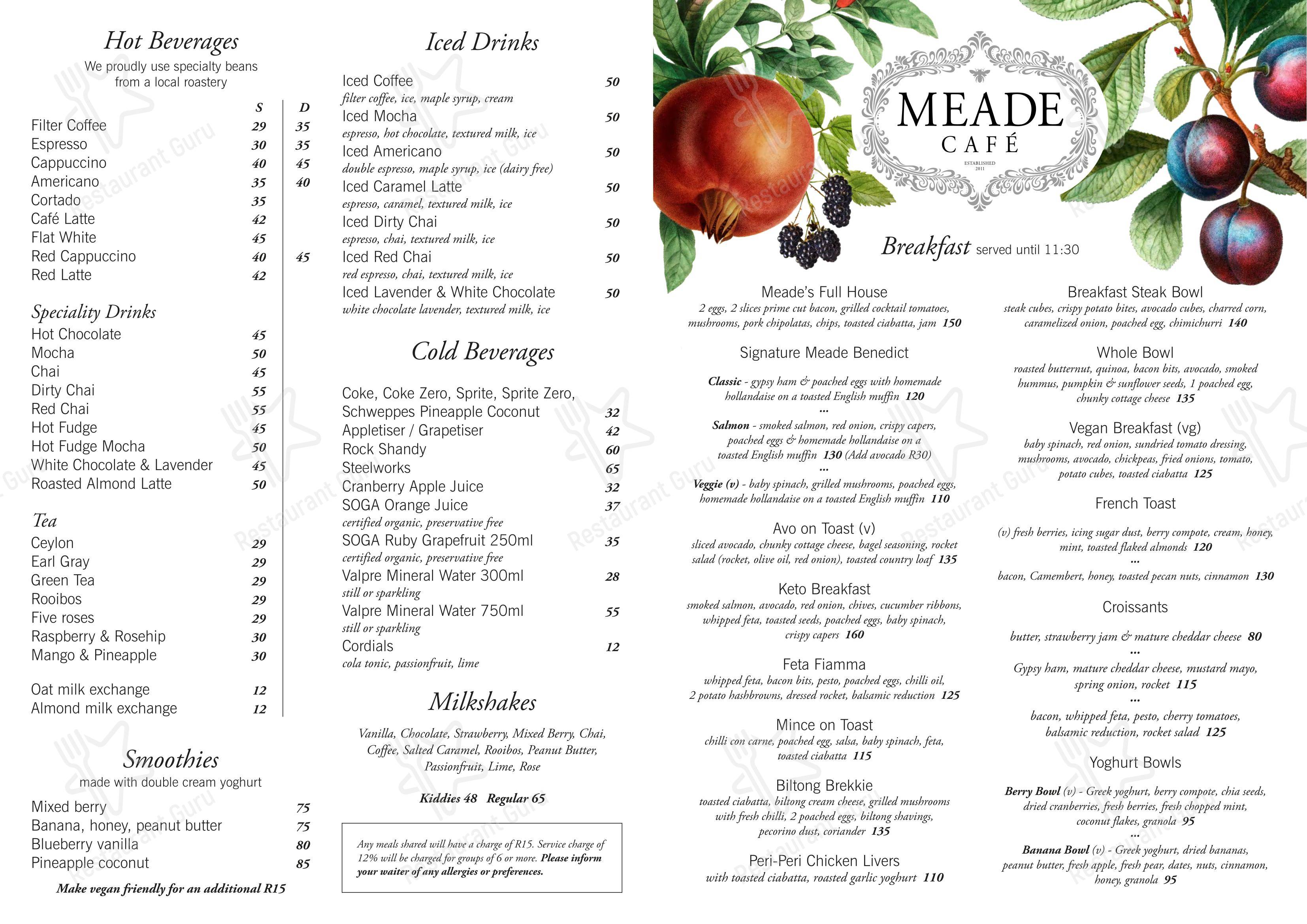 Меню ресторана Meade Café - Меню