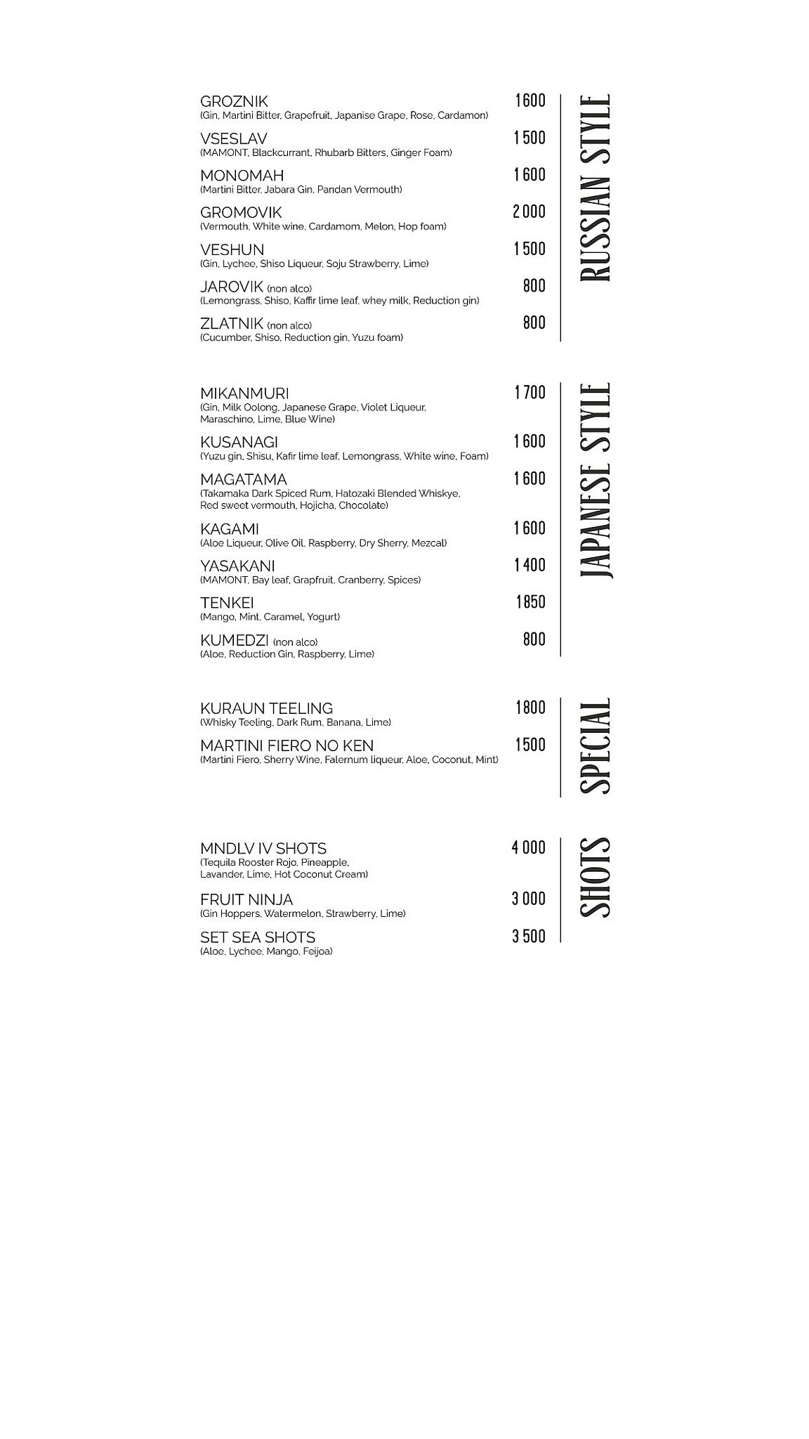 Mendeleev. Bar & Music меню