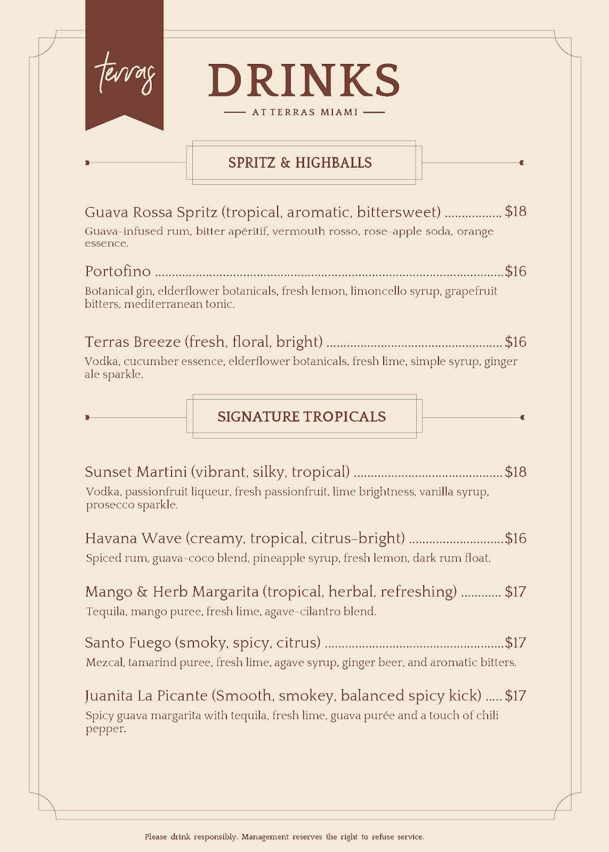 Terras Miami Rooftop меню