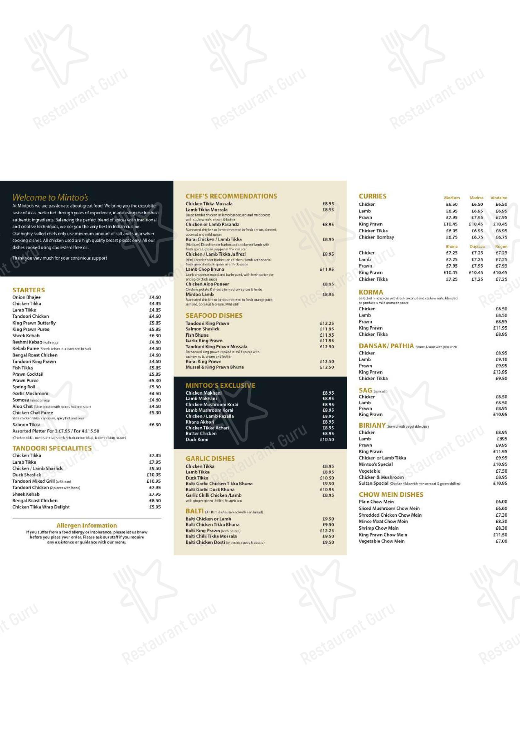 菜单 ресторана Mintoo Indian Restaurant в Базилдоне
