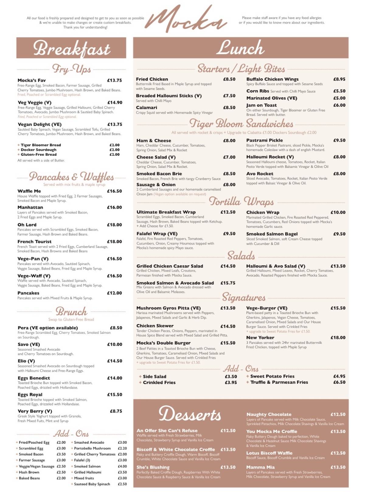 Mocka Cafe and Bistro меню