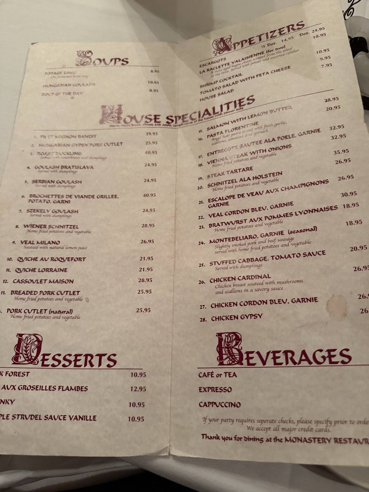 Monastery Restaurant меню