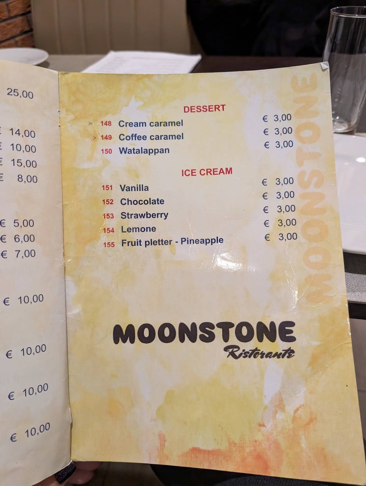 Moonstone Ristorante меню