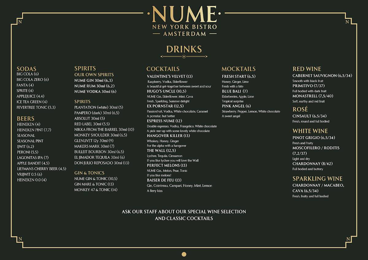 NUME Amsterdam меню