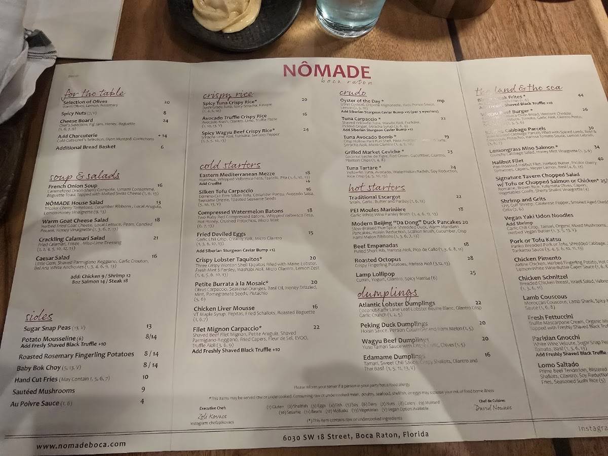 Nomade Boca Raton меню