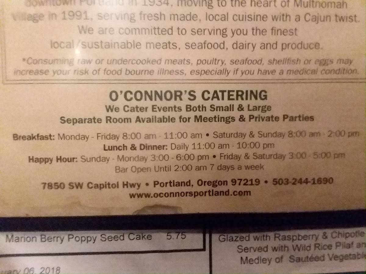O'Connor's Restaurant меню