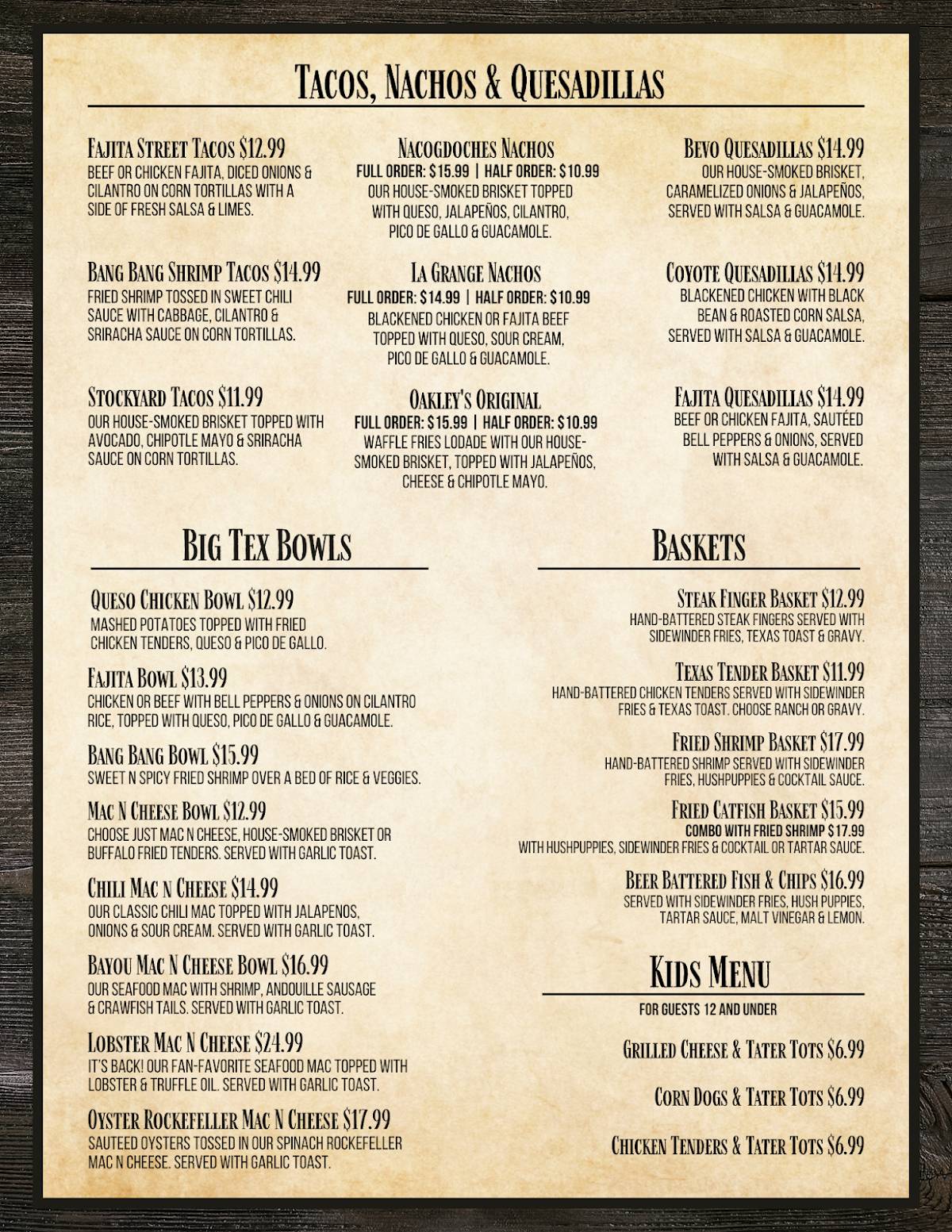 Oakley's Texas Bar and Grill меню