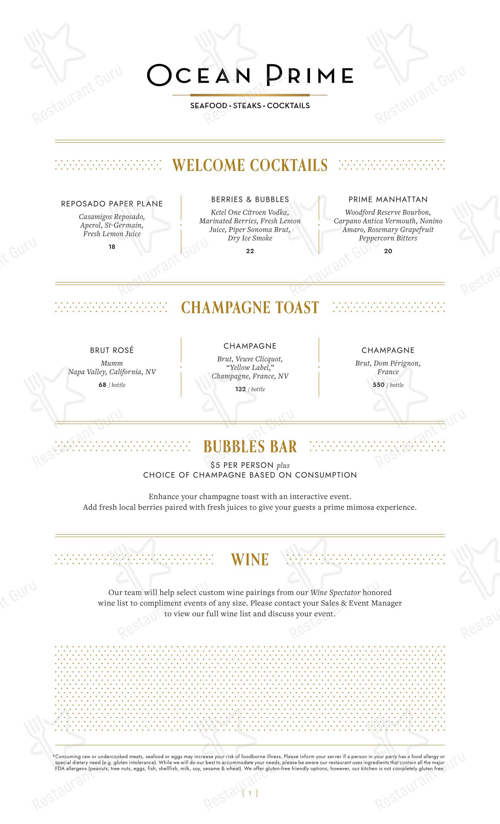 Ocean Prime в Финиксе - Меню