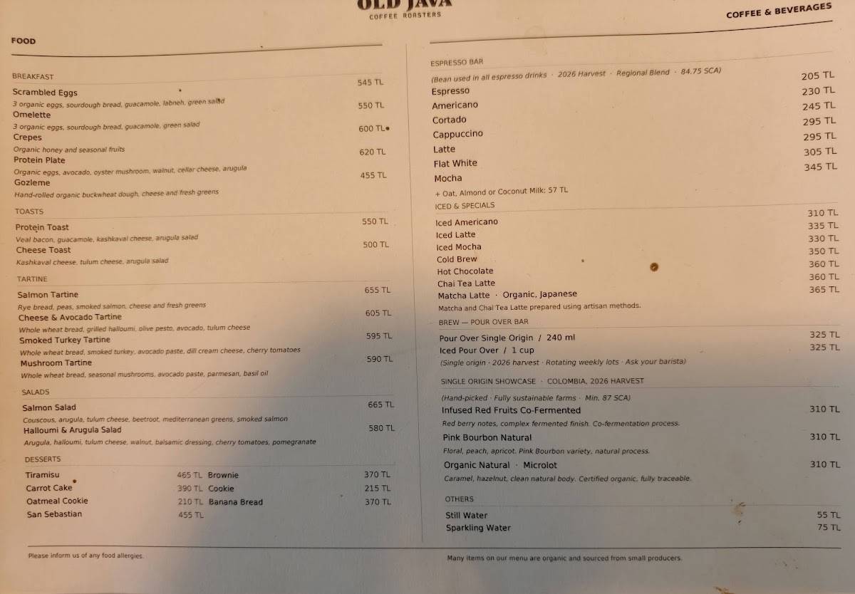 Old Java Coffee Roasters меню