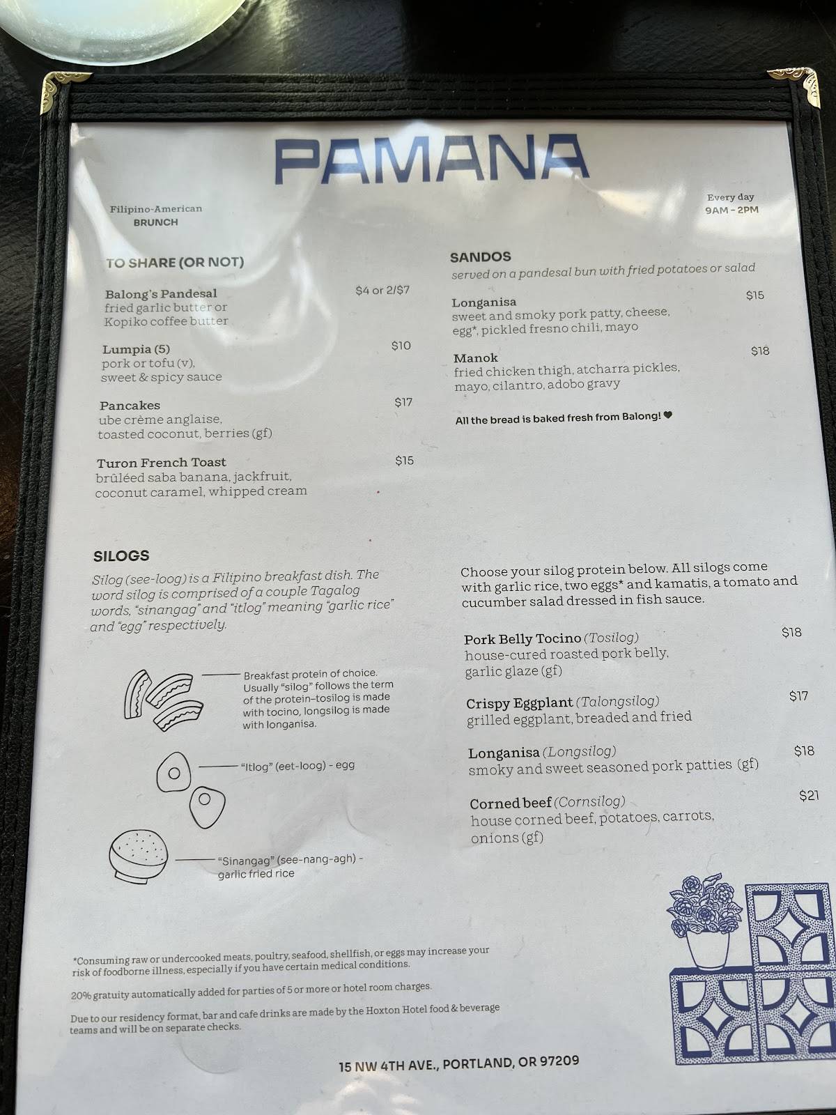 Pamana Filipino American Restaurant меню