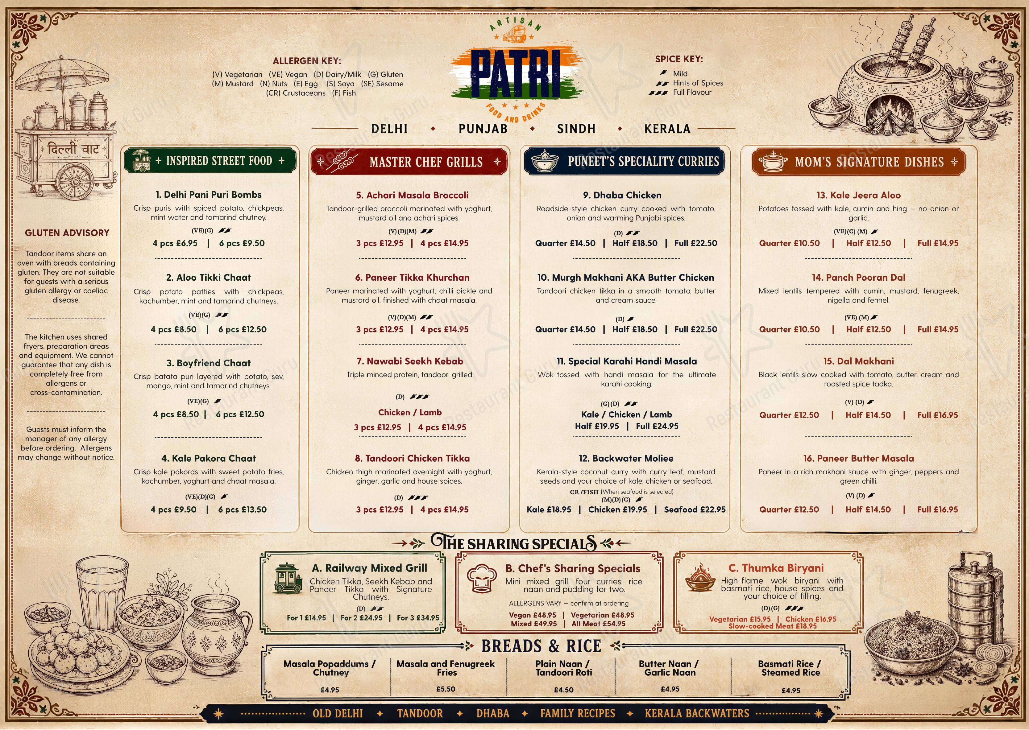 Основное меню ресторана Patri Northfields