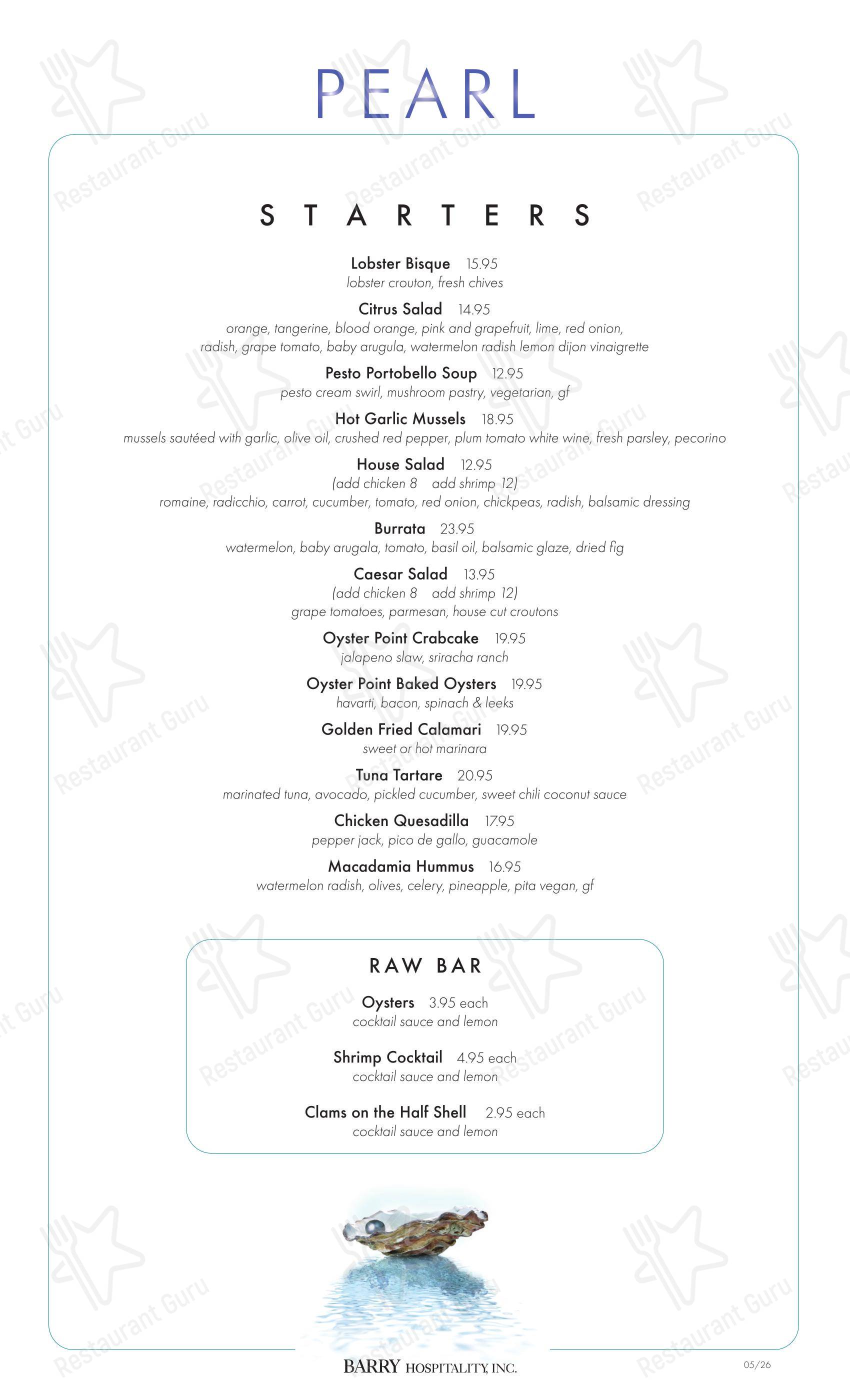 Dinner Menu ресторана Pearl