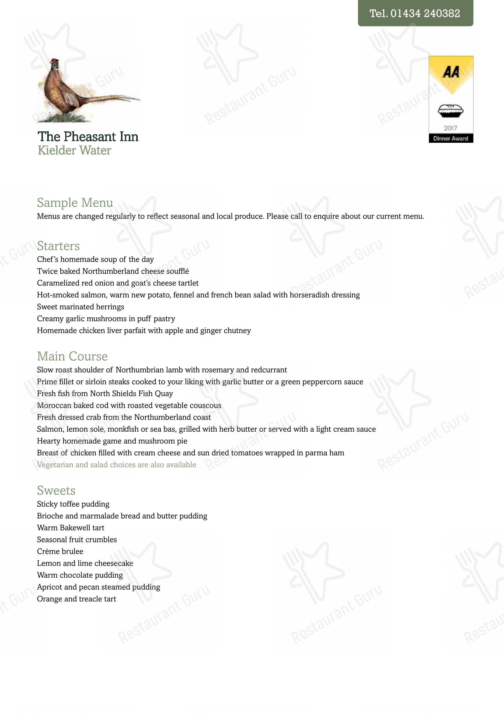 Pheasant Inn South Yorkshire в Шеффилде - Основное меню