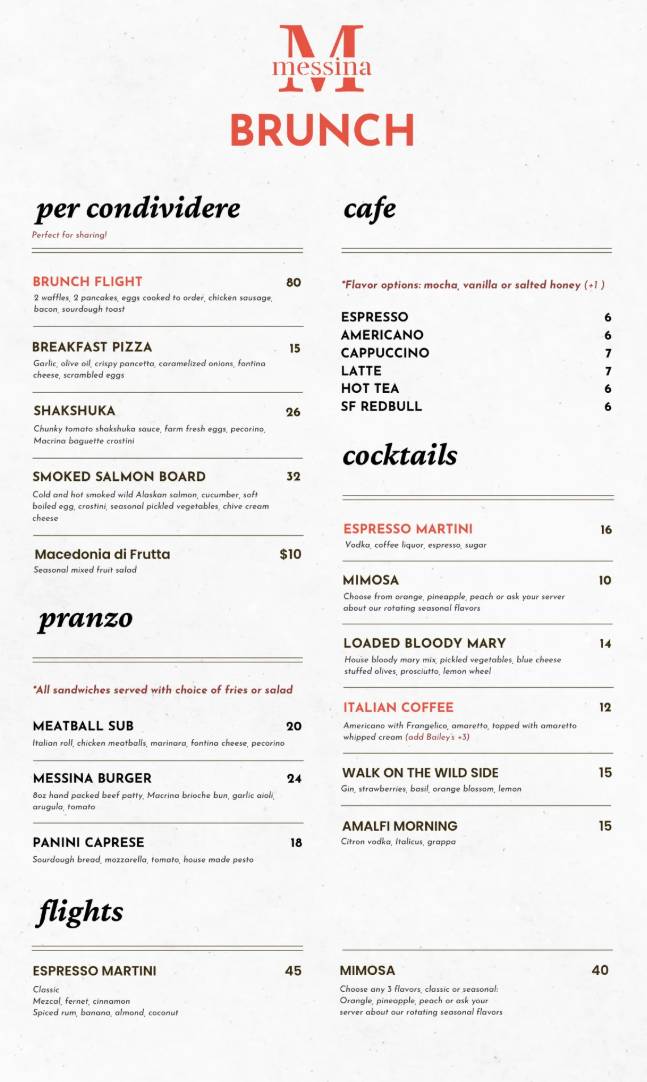 Messina Modern Italian Kitchen меню