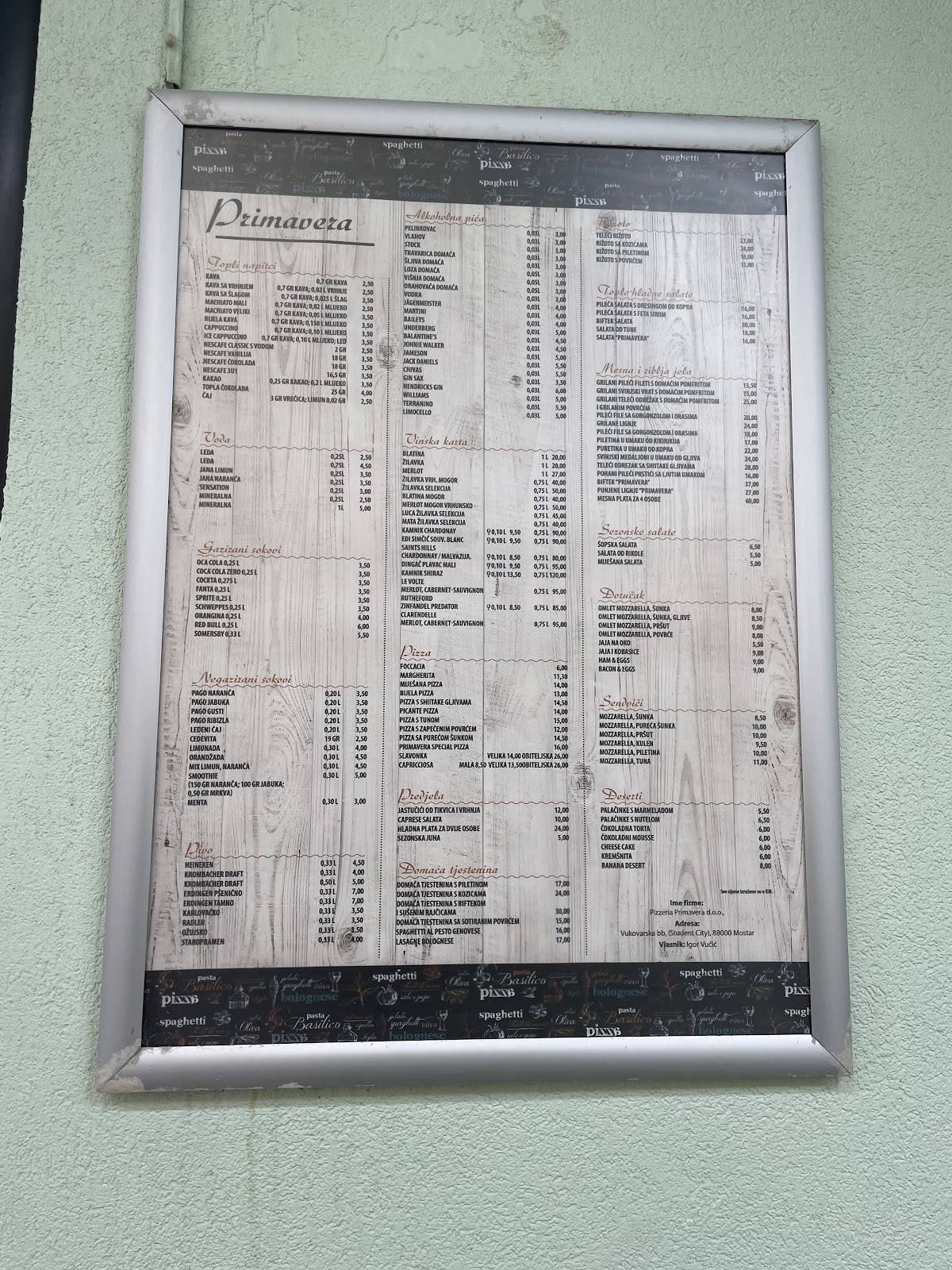 Pizzeria Primavera меню