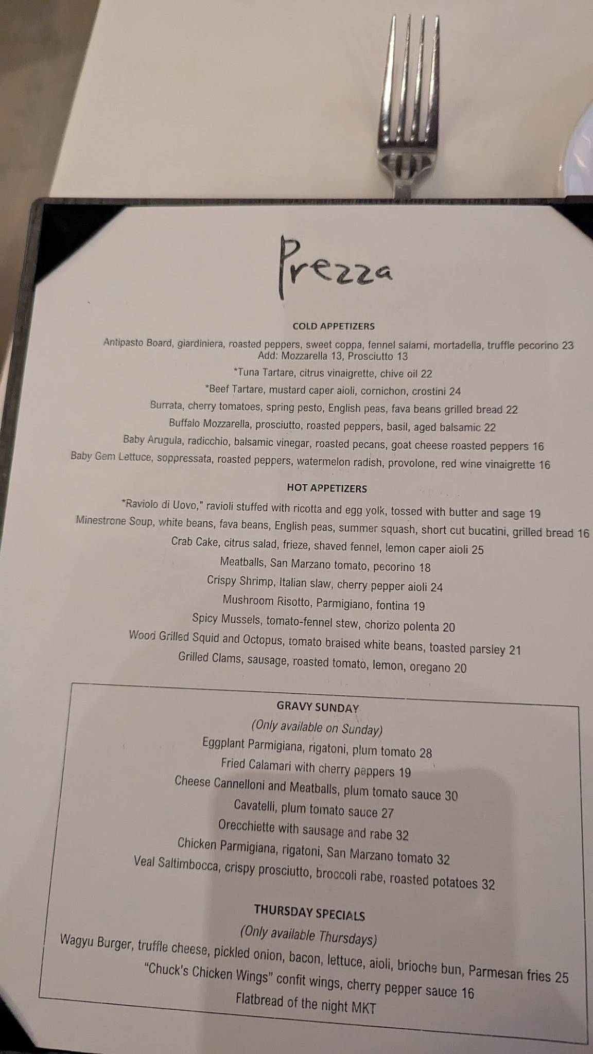 Prezza меню