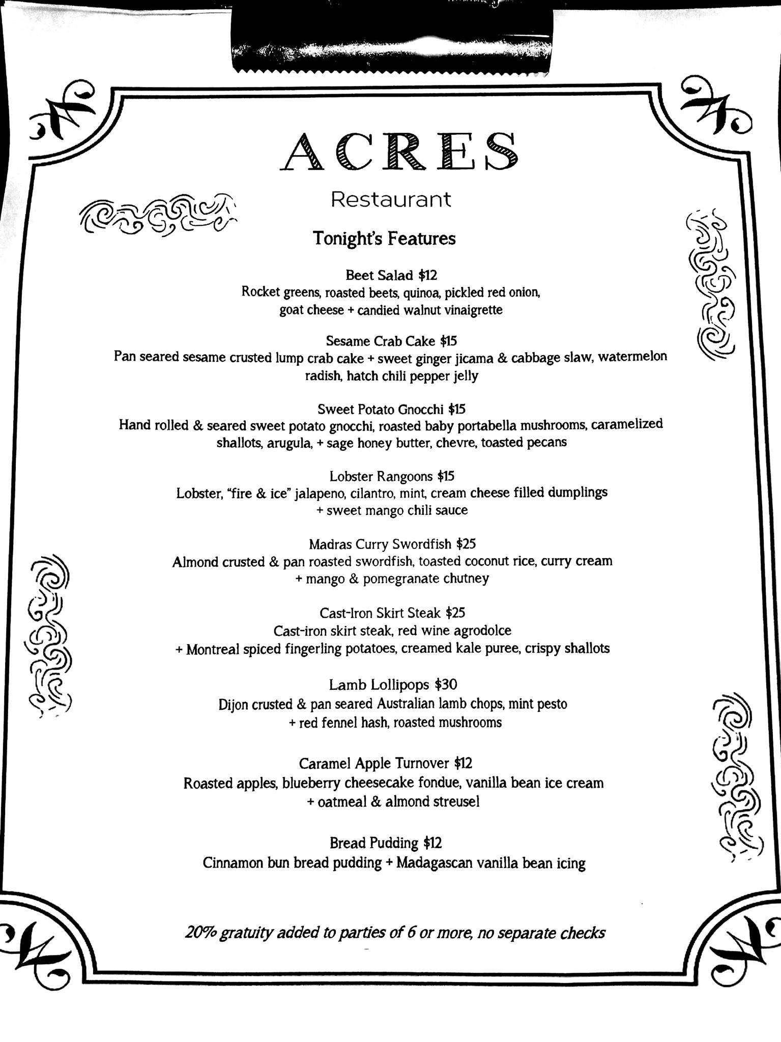 Acres меню