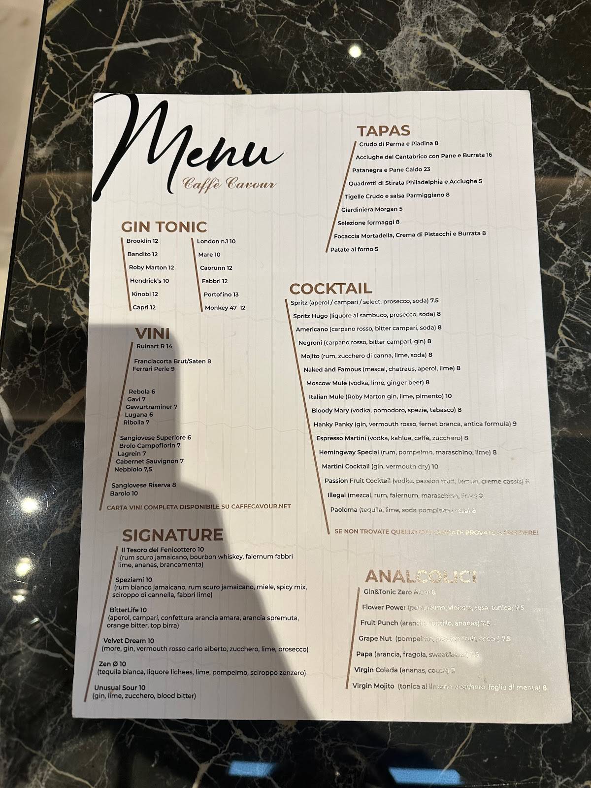 Caffè Cavour меню