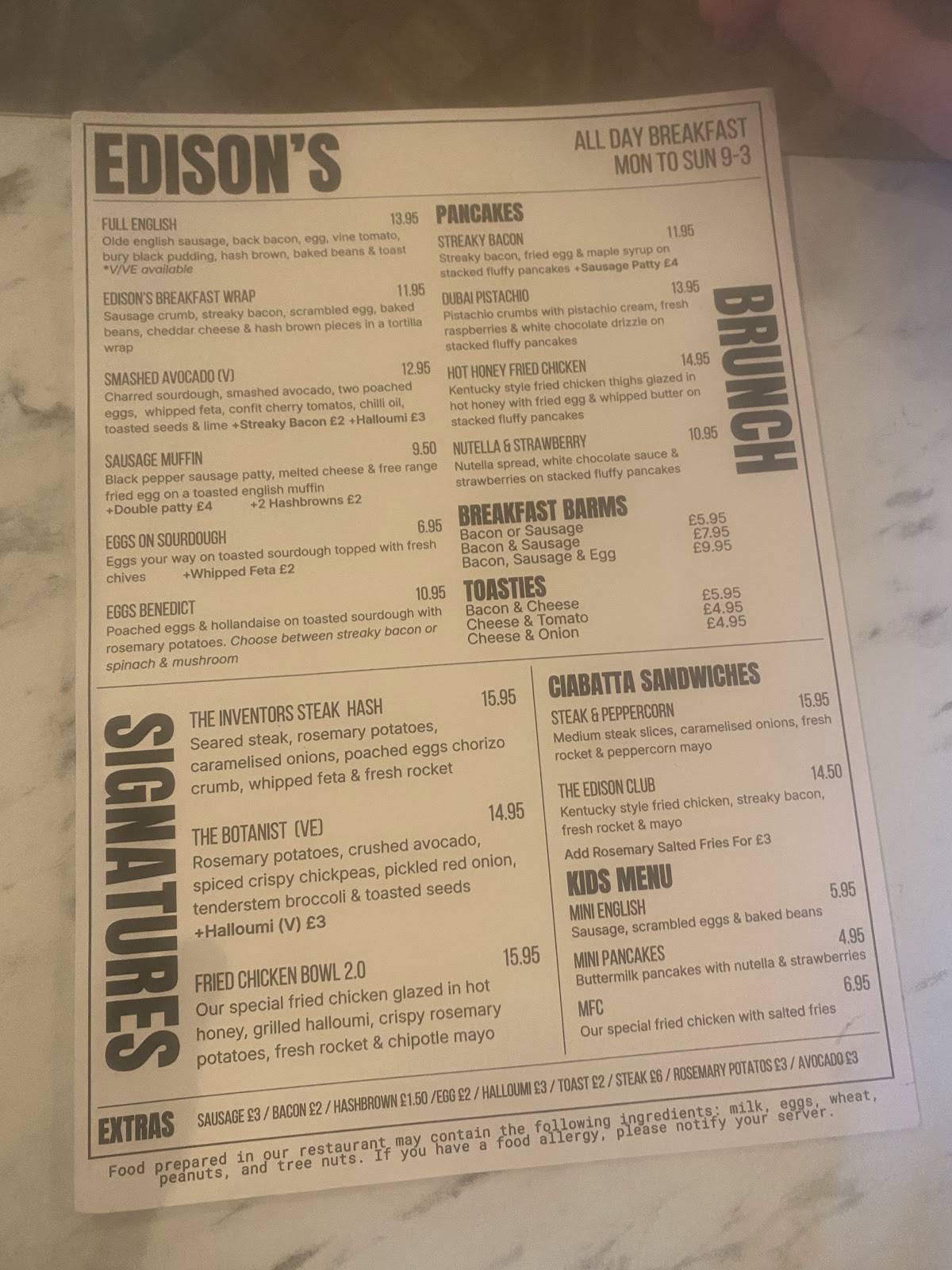 Edison’s меню
