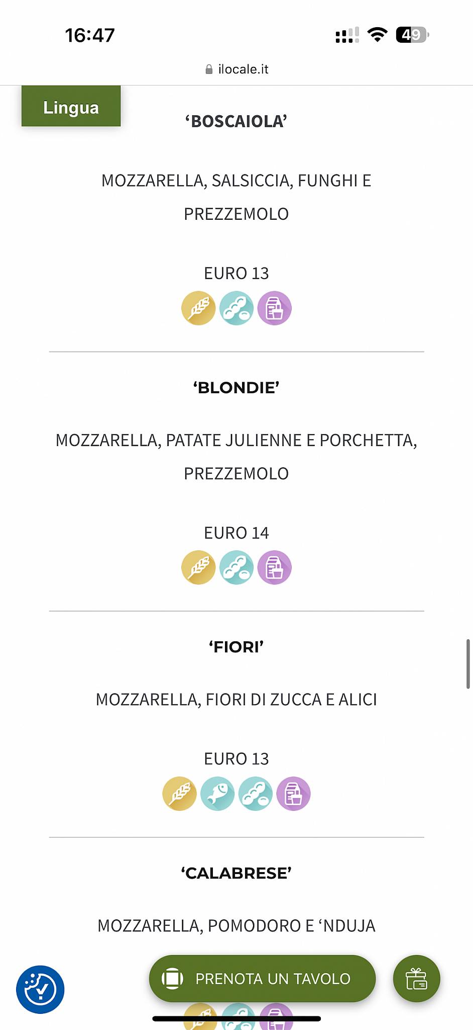IL LOCALE меню
