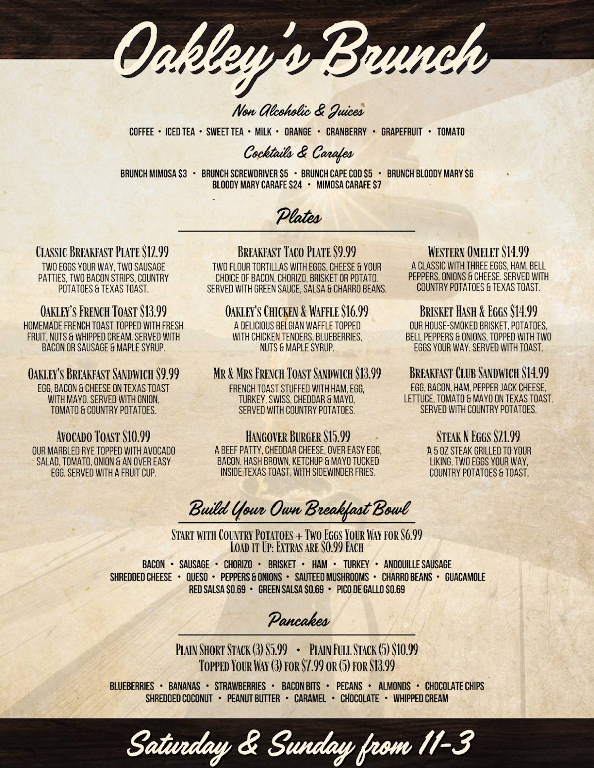 Oakley's Texas Bar and Grill меню