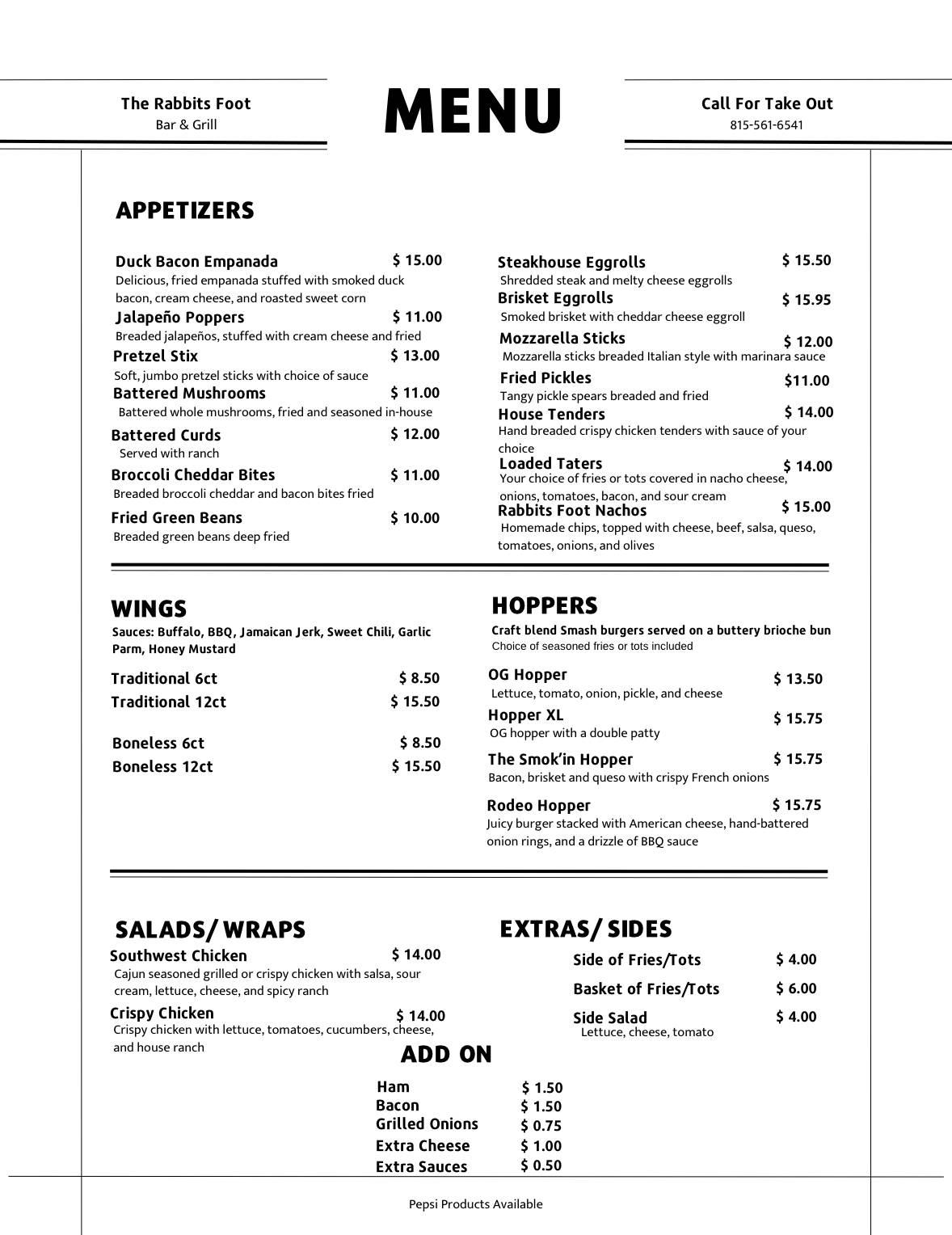 The Rabbit's Foot Bar & Grill меню