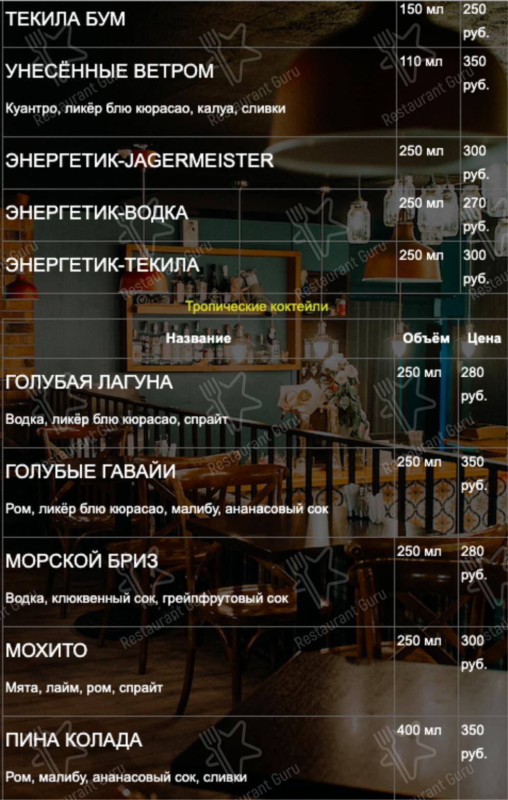 Меню Пушкарёв - блюда и напитки