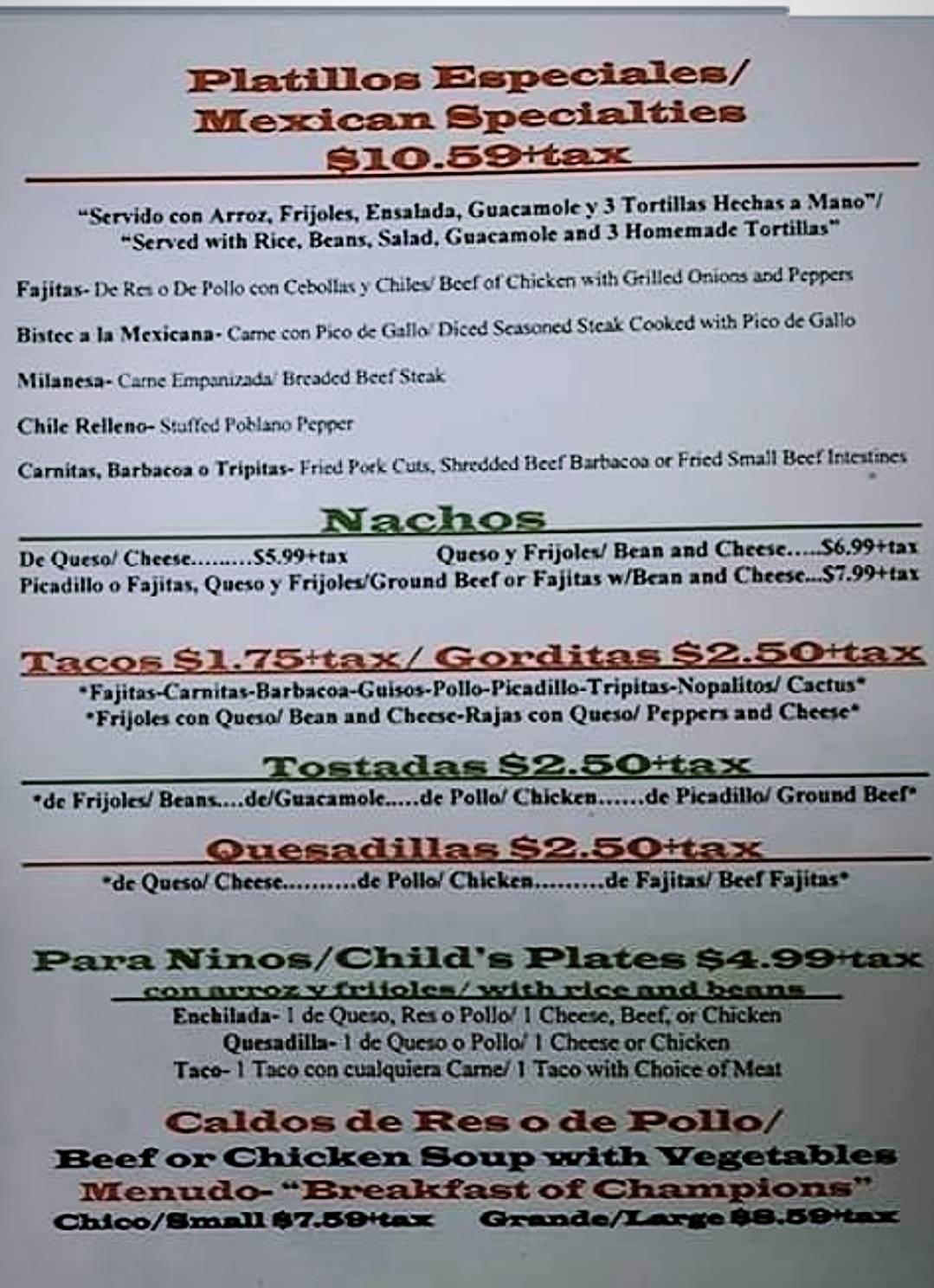 Raul's Restaurant меню