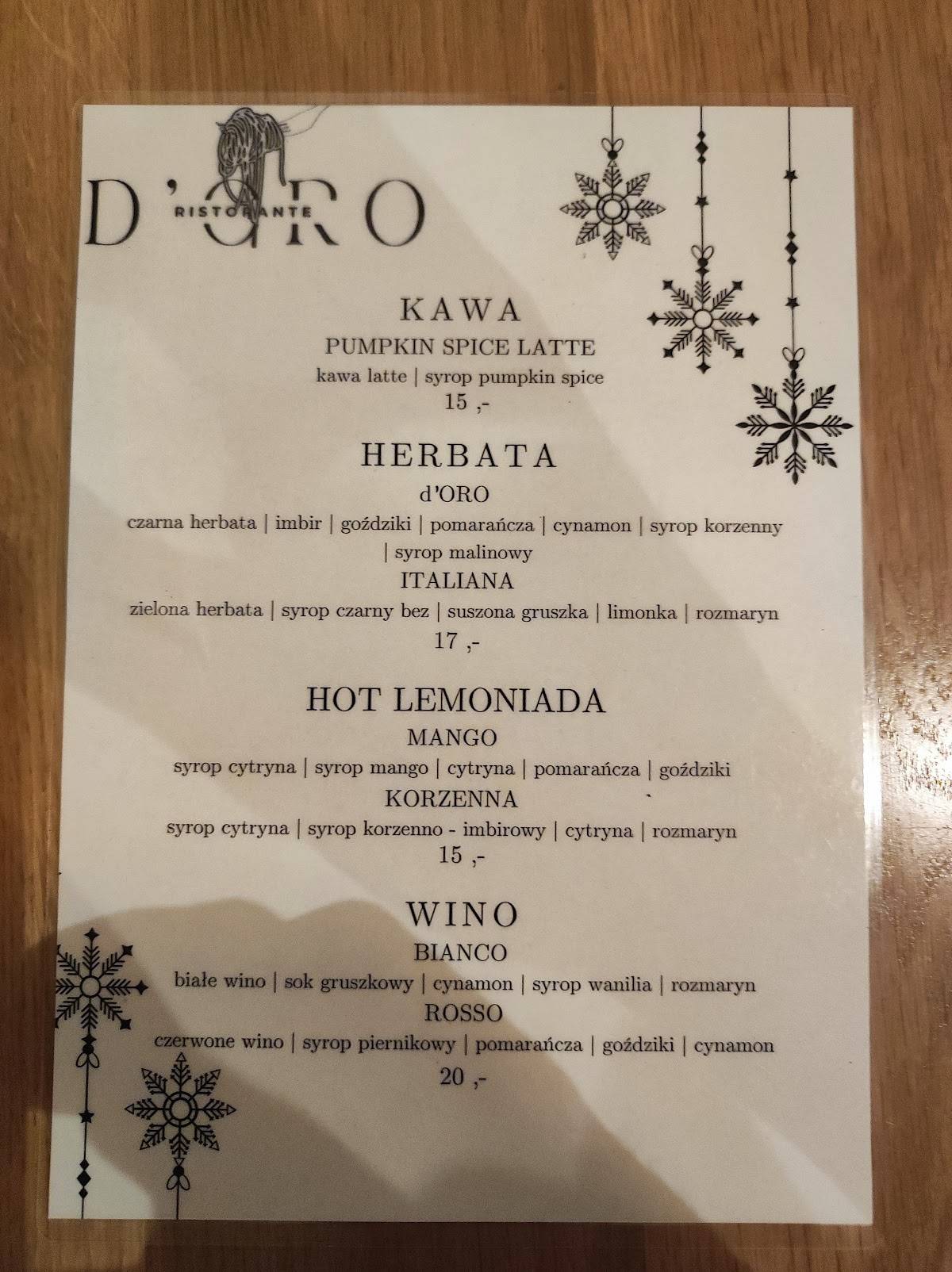 Restauracja włoska d’ORO Ristorante меню